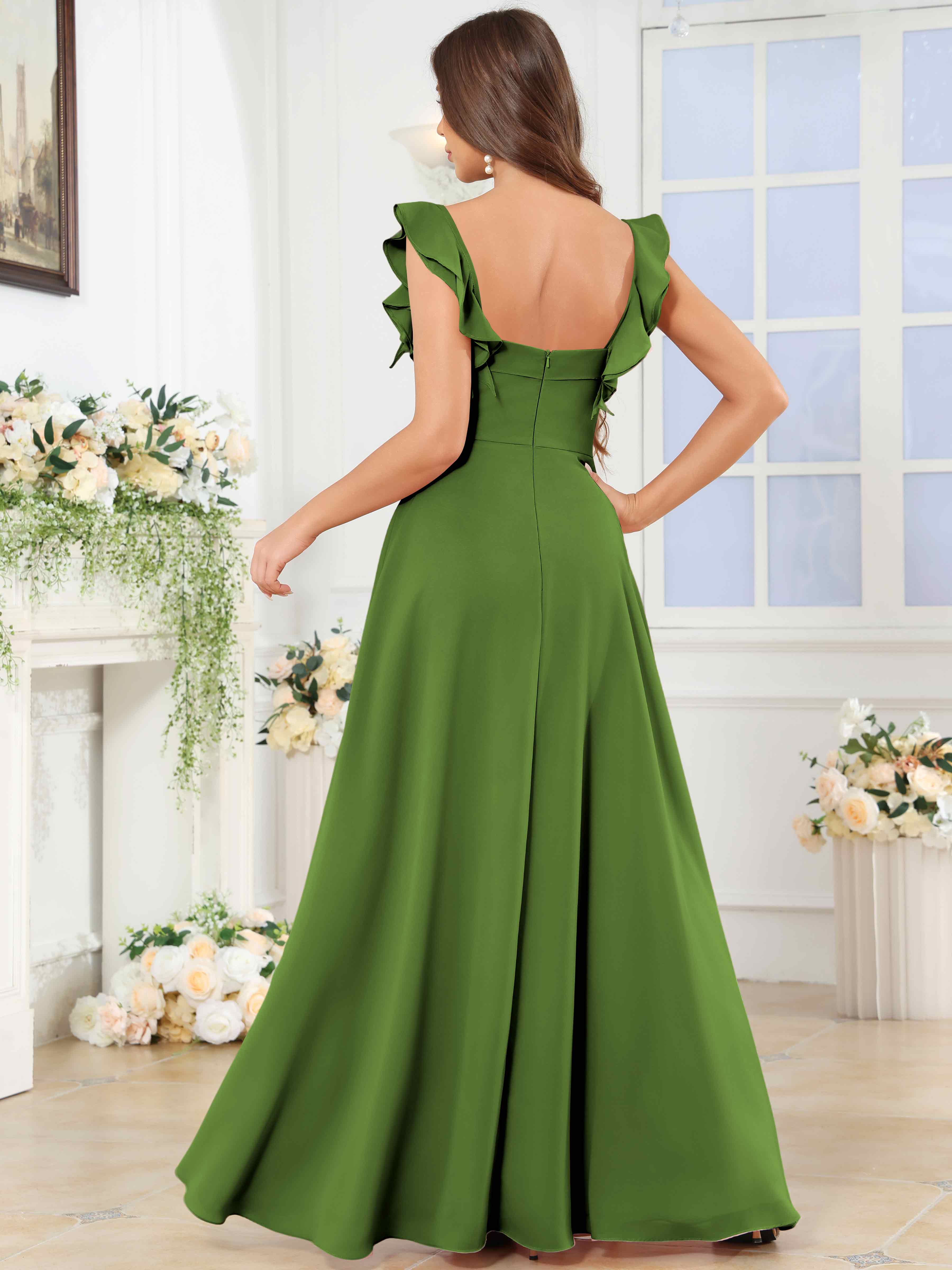 ROVDESY Square Neck Ruffle Chffion Bridesmaid Dress With Slit