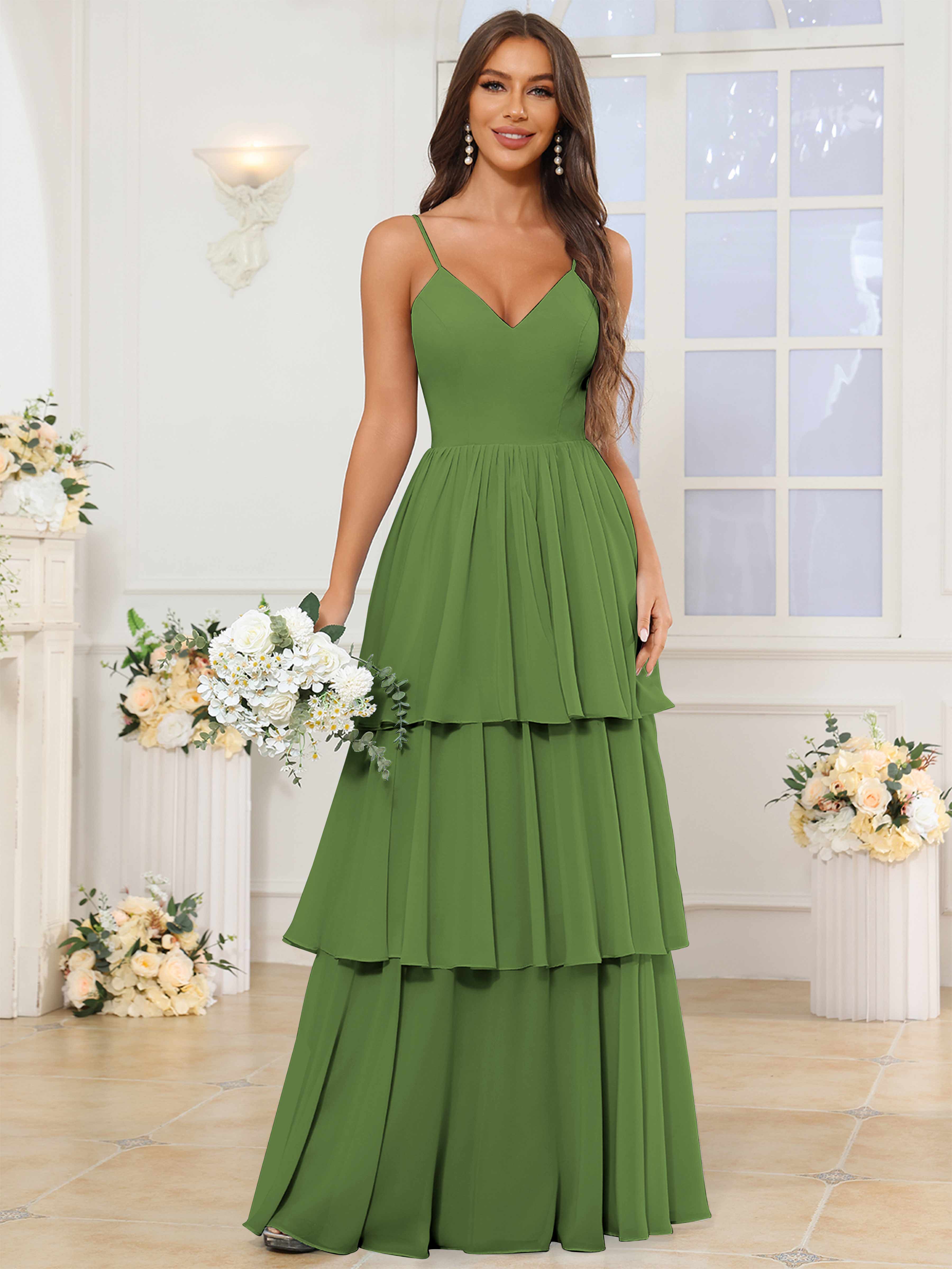 ROVDESY V-Neck Spaghetti Straps Tiered Chiffon Bridesmaid Dress With Ruffles