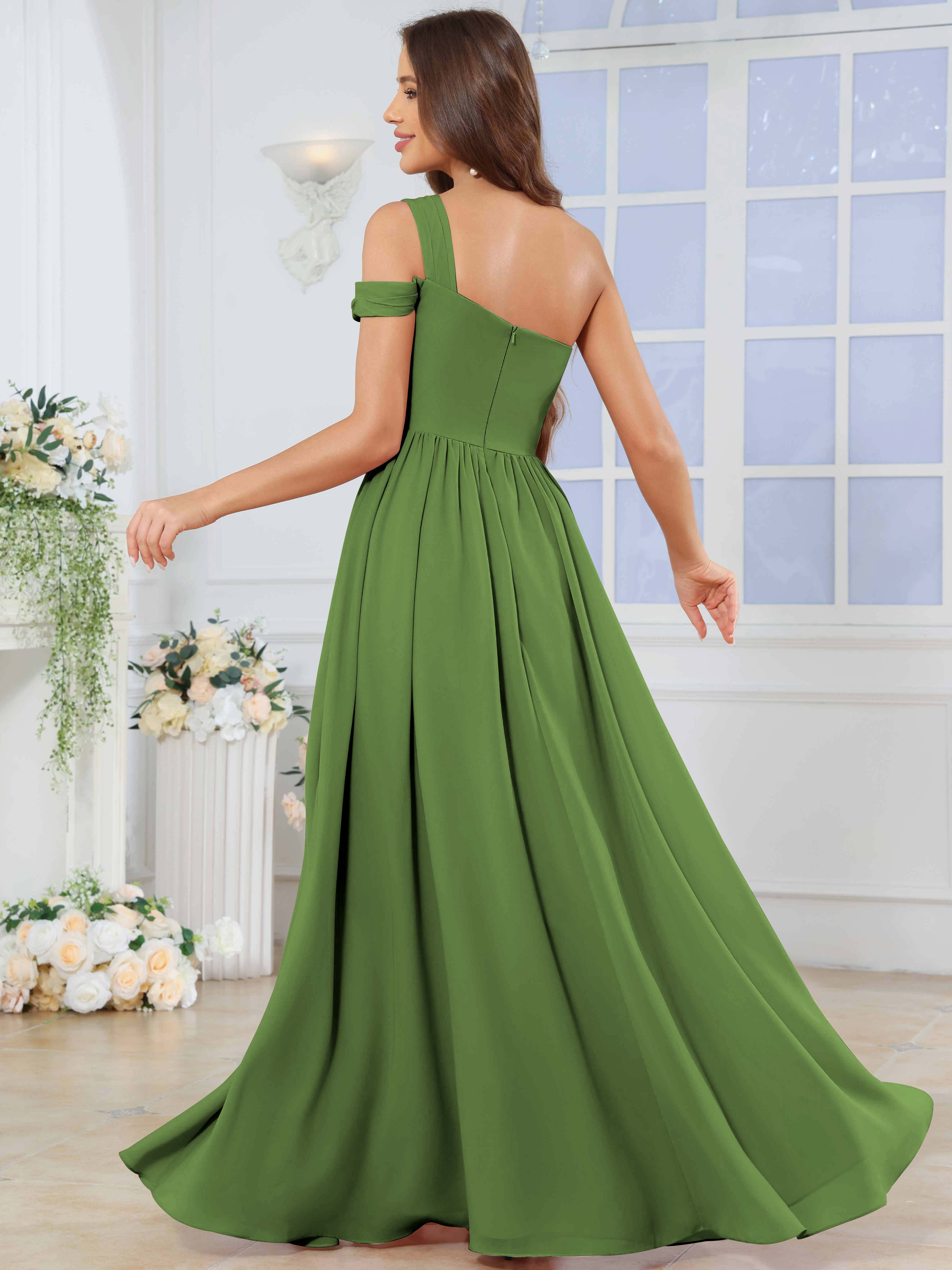ROVDESY One Shoulder Pleated Chiffon Bridesmaid Dress With Slit