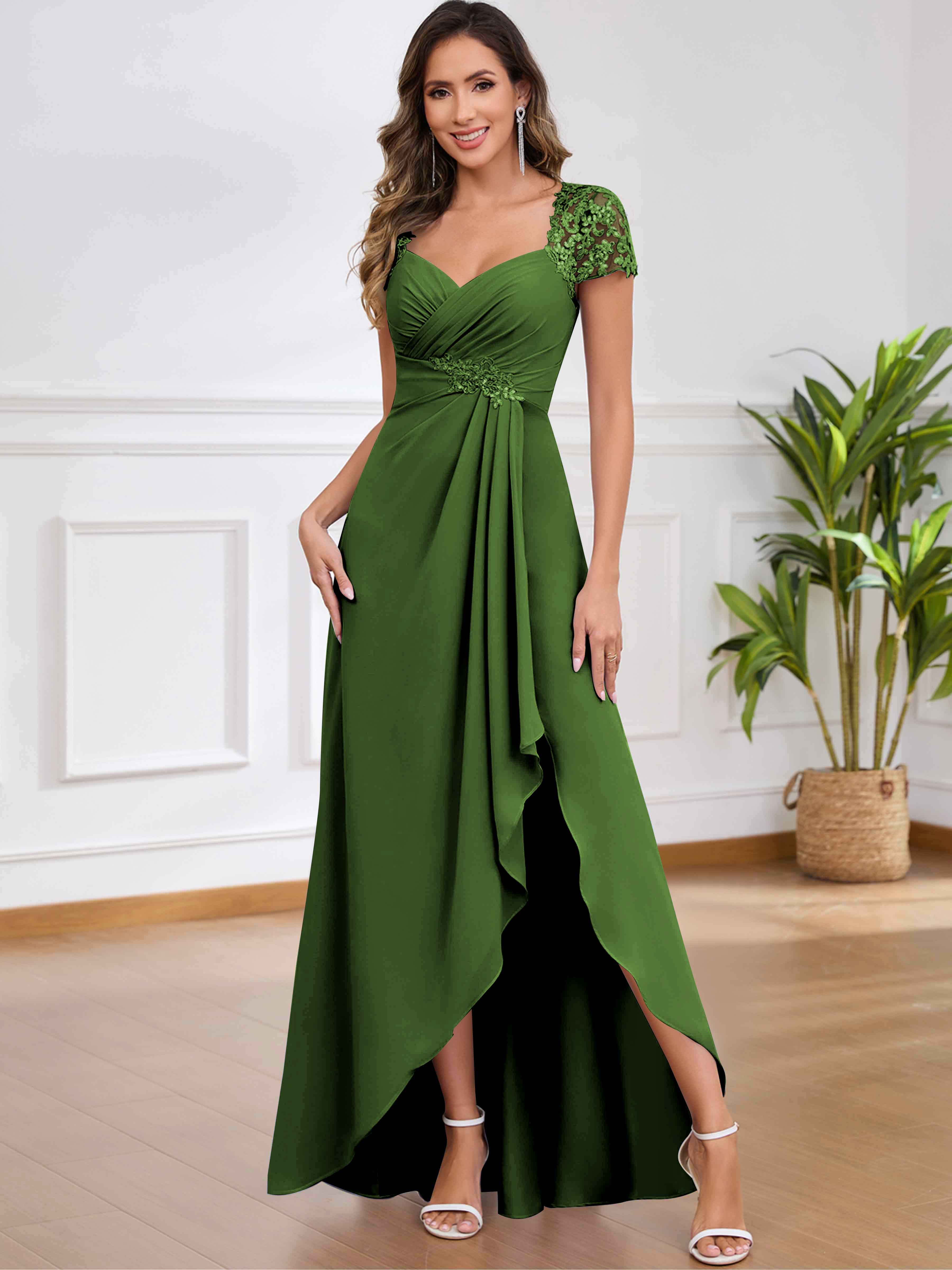 ROVDESY A-Line Pleated Lace Sequin Ruffle Chiffon Mother Of The Bride Dress With Slit