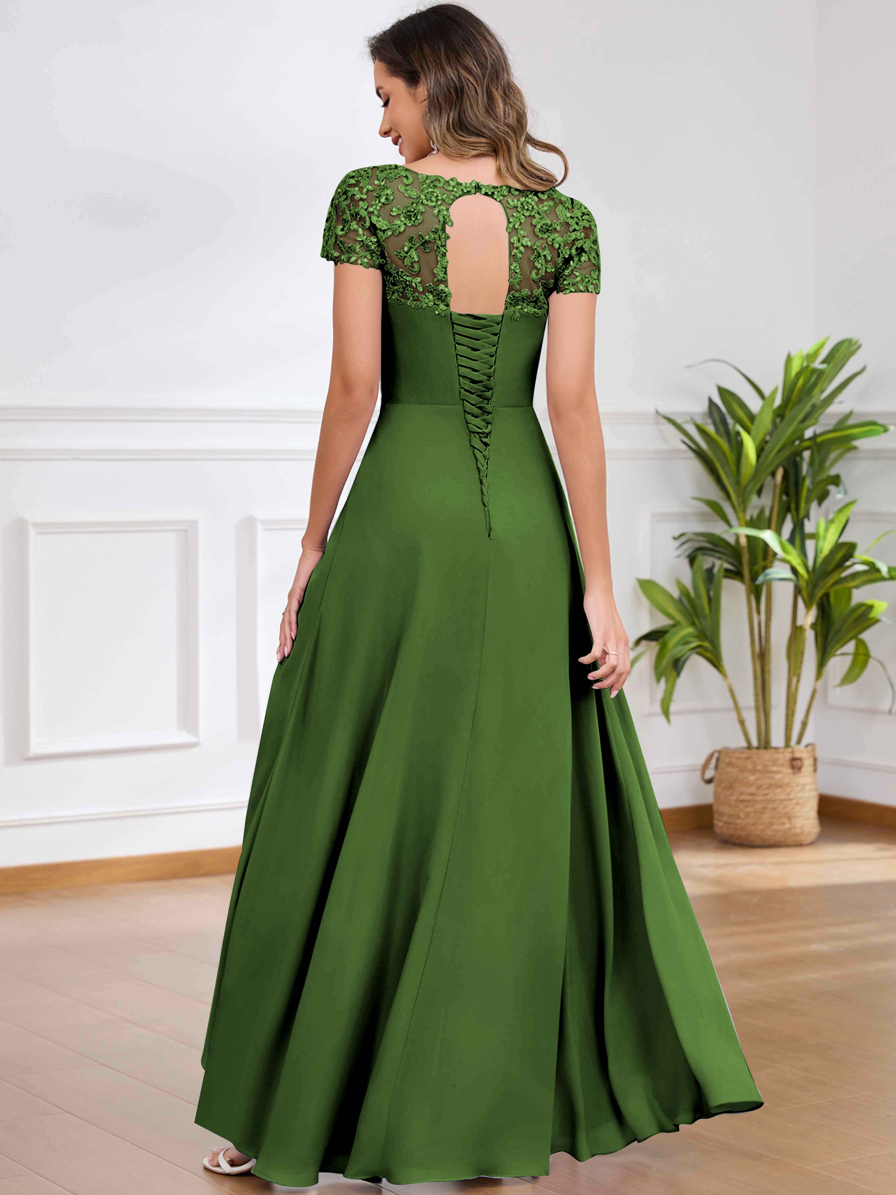 ROVDESY A-Line Pleated Lace Sequin Ruffle Chiffon Mother Of The Bride Dress With Slit
