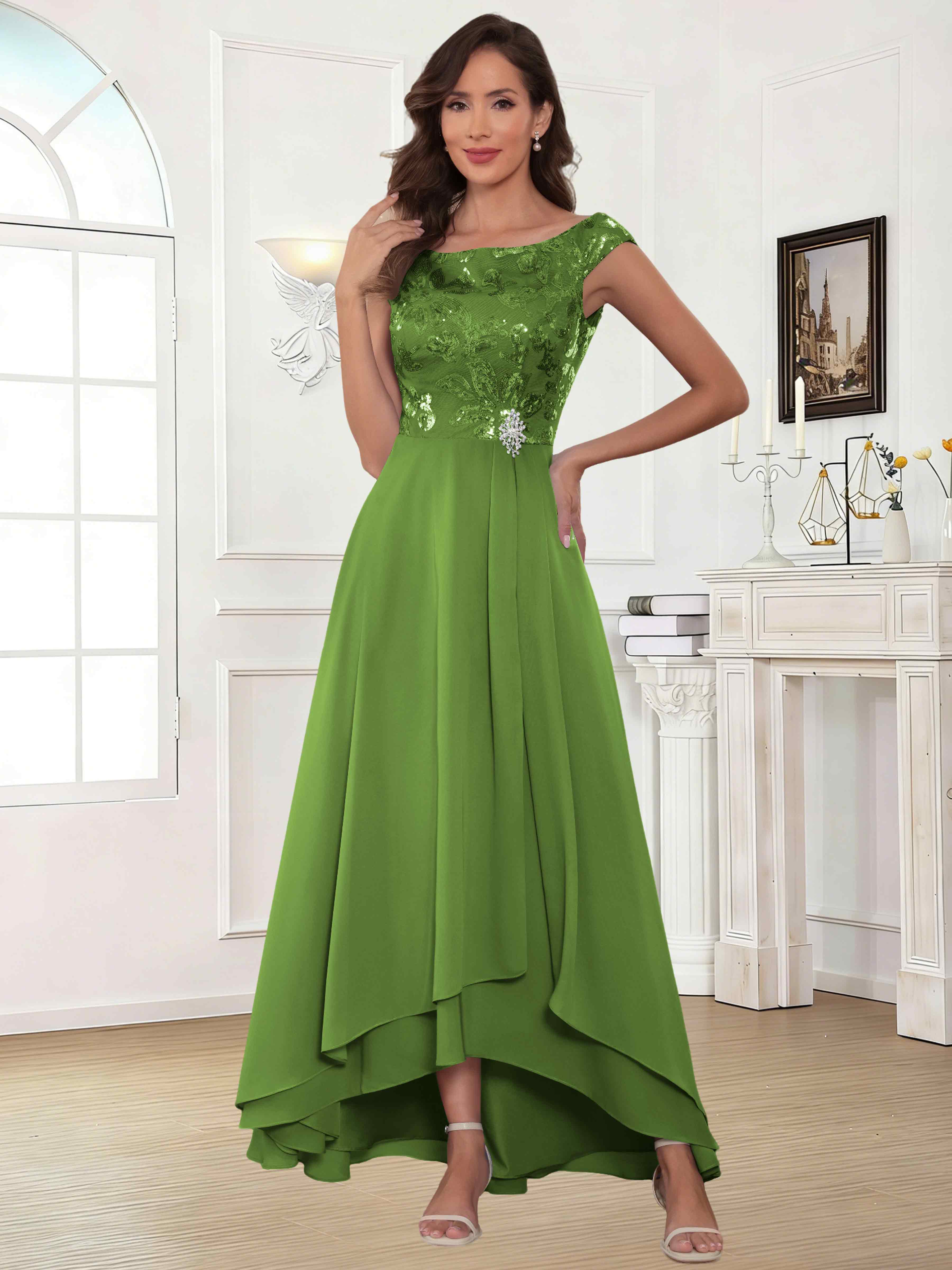 ROVDESY Tea Length Off-The-Shoulder Sequin Chiffon Mother Of The Bride Dress
