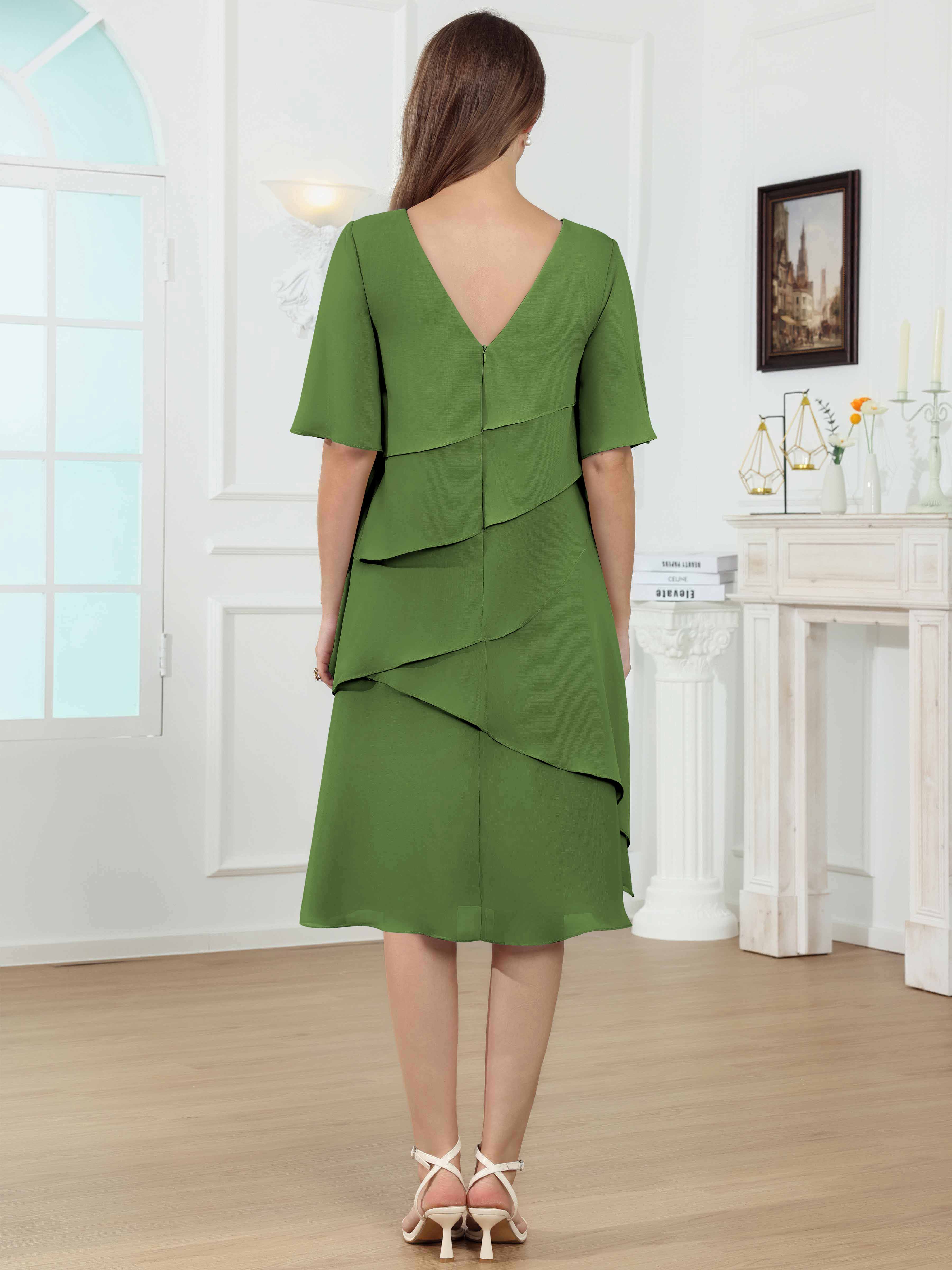 ROVDESY Knee Length Tiered Ruffle Chiffon Mother Of The Bride Dress With Half Sleeves