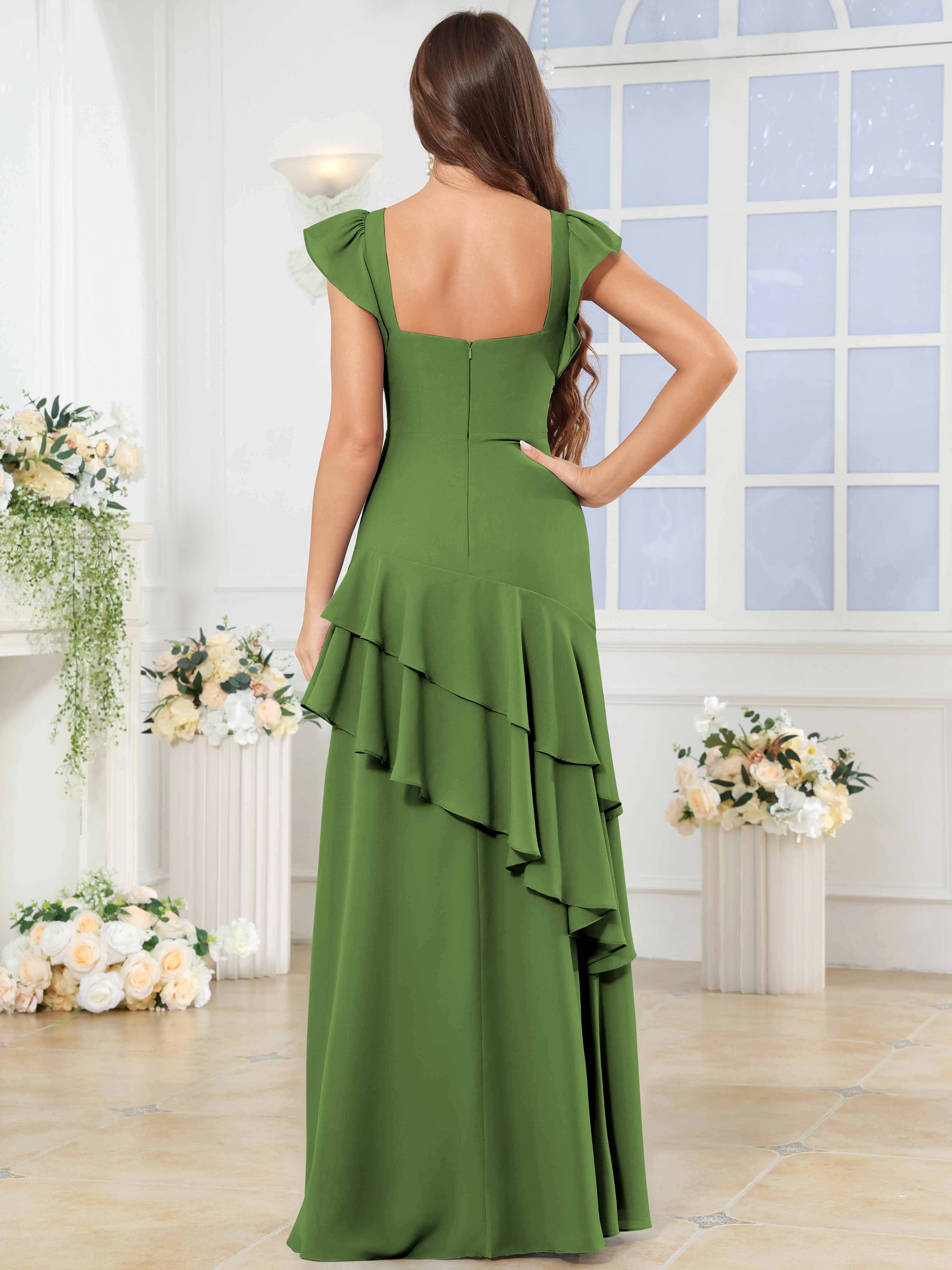ROVDESY Sweetheart Tiered Ruffle Chiffon Bridesmaid Dress With Short Sleeves