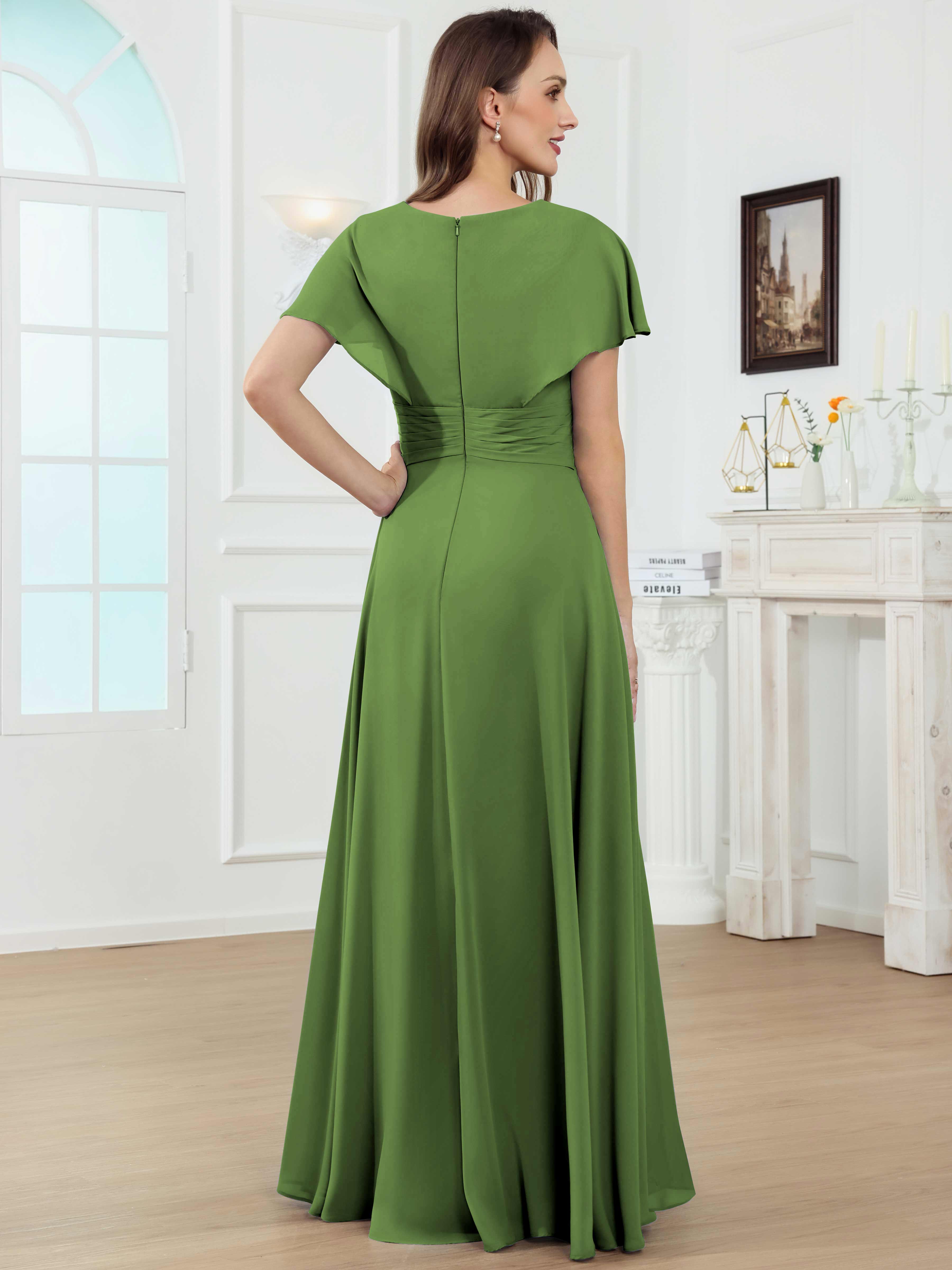ROVDESY A-Line V-Neck Pleated Lace Chiffon Mother Of The Bride Dress With Short Sleeves