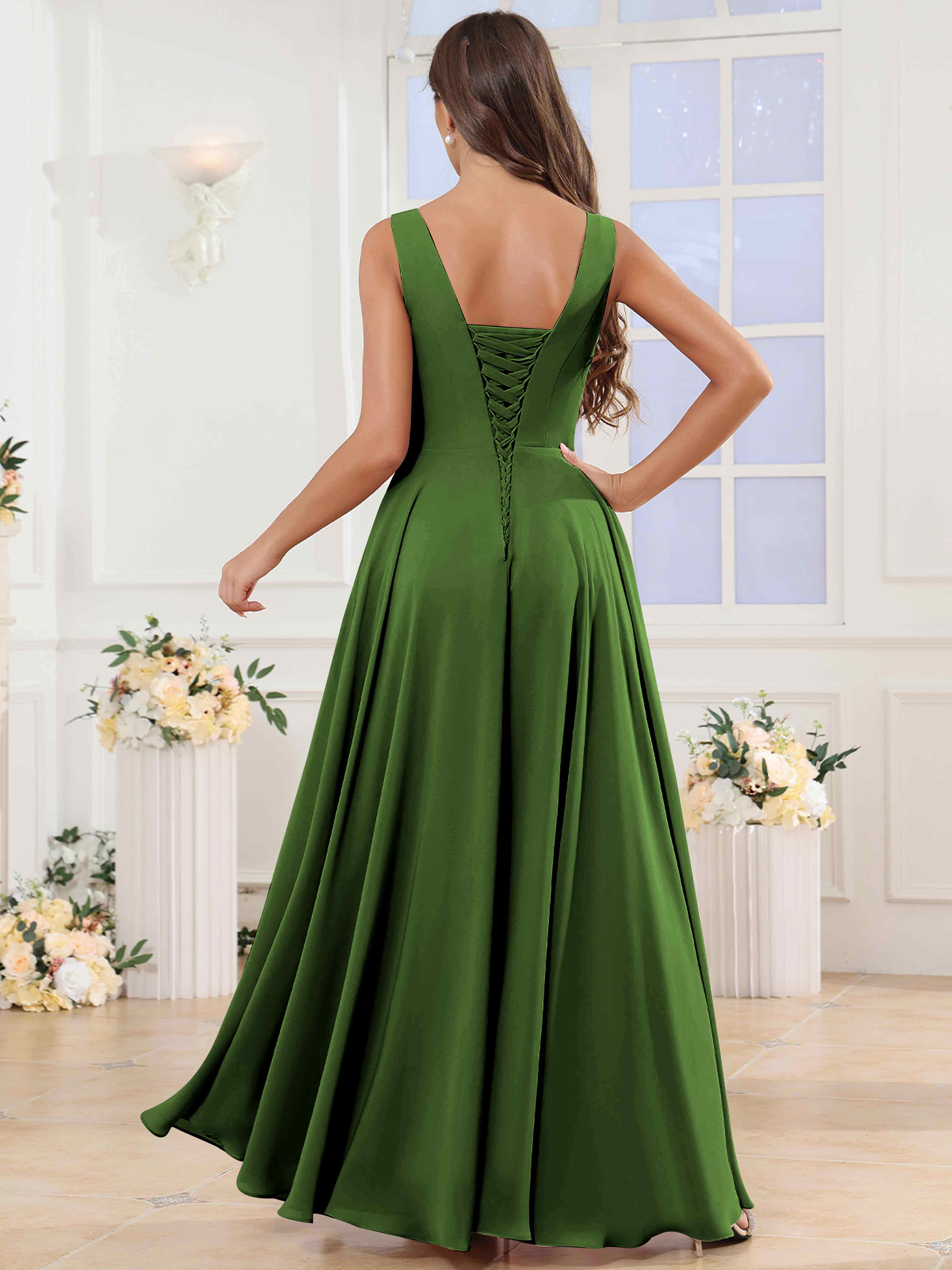 ROVDESY V-Neck Pleated Sleeveless Ruffle Chiffon Bridesmaid Dress With Slit