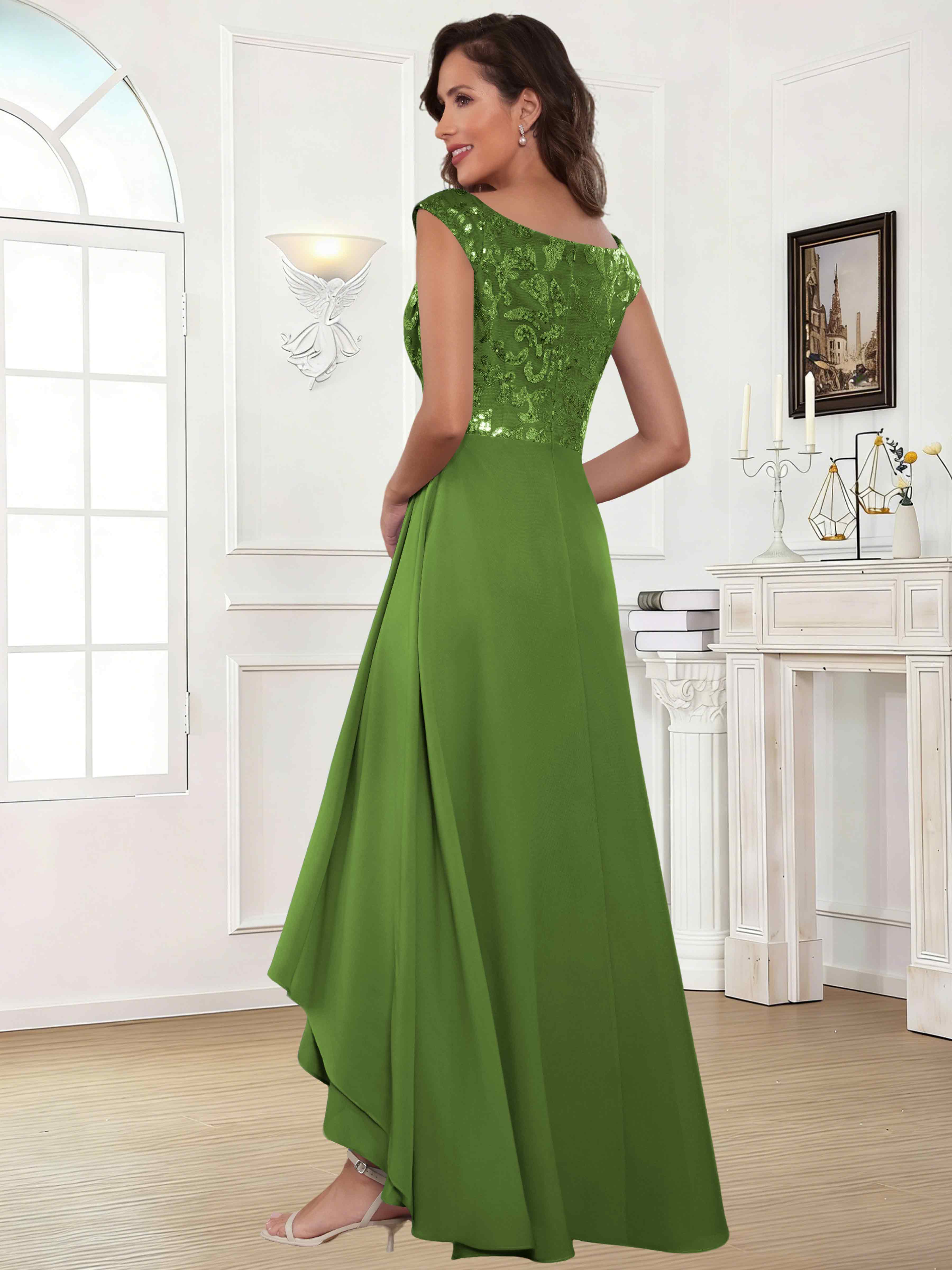 ROVDESY Tea Length Off-The-Shoulder Sequin Chiffon Mother Of The Bride Dress
