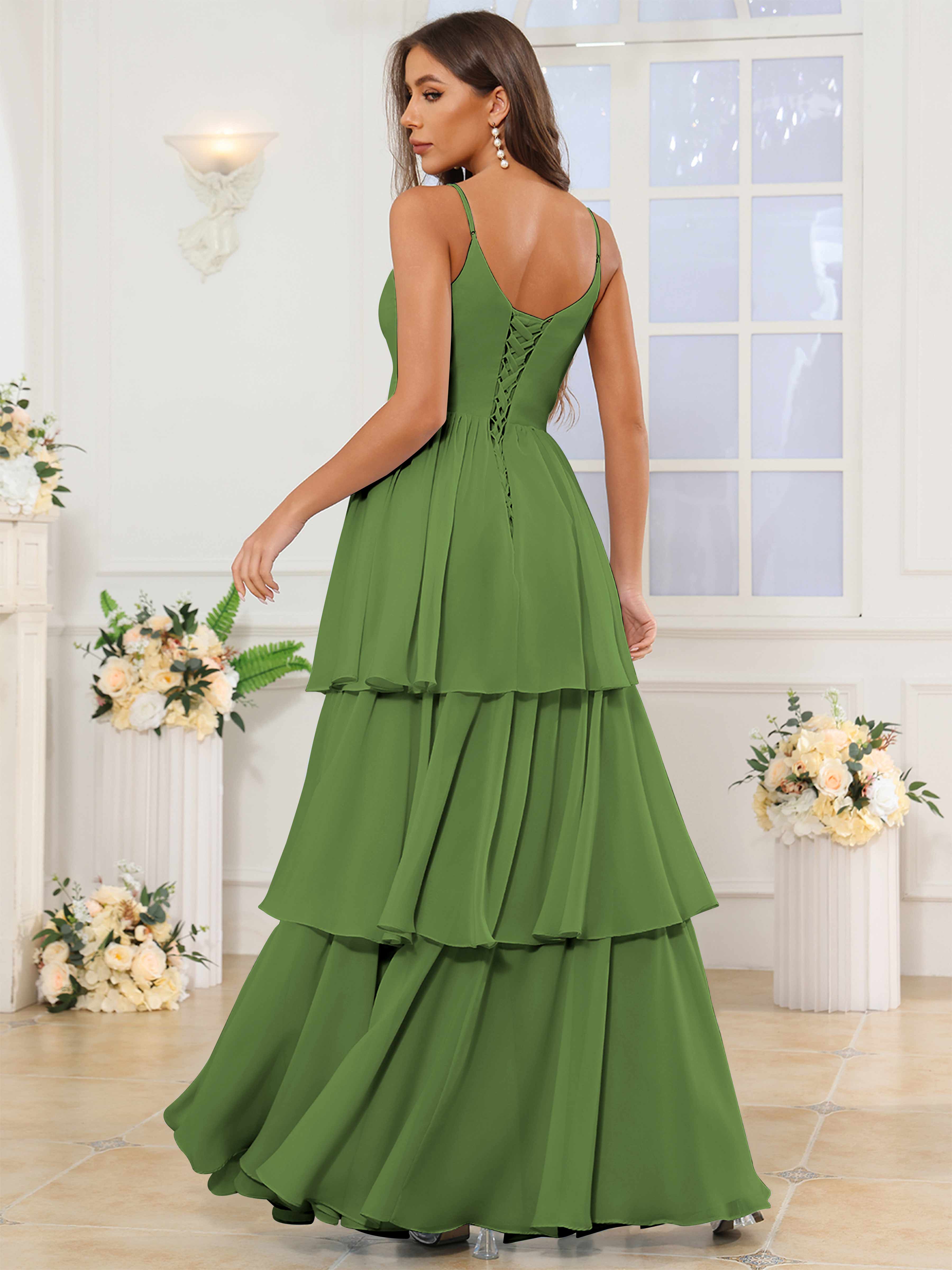 ROVDESY V-Neck Spaghetti Straps Tiered Chiffon Bridesmaid Dress With Ruffles
