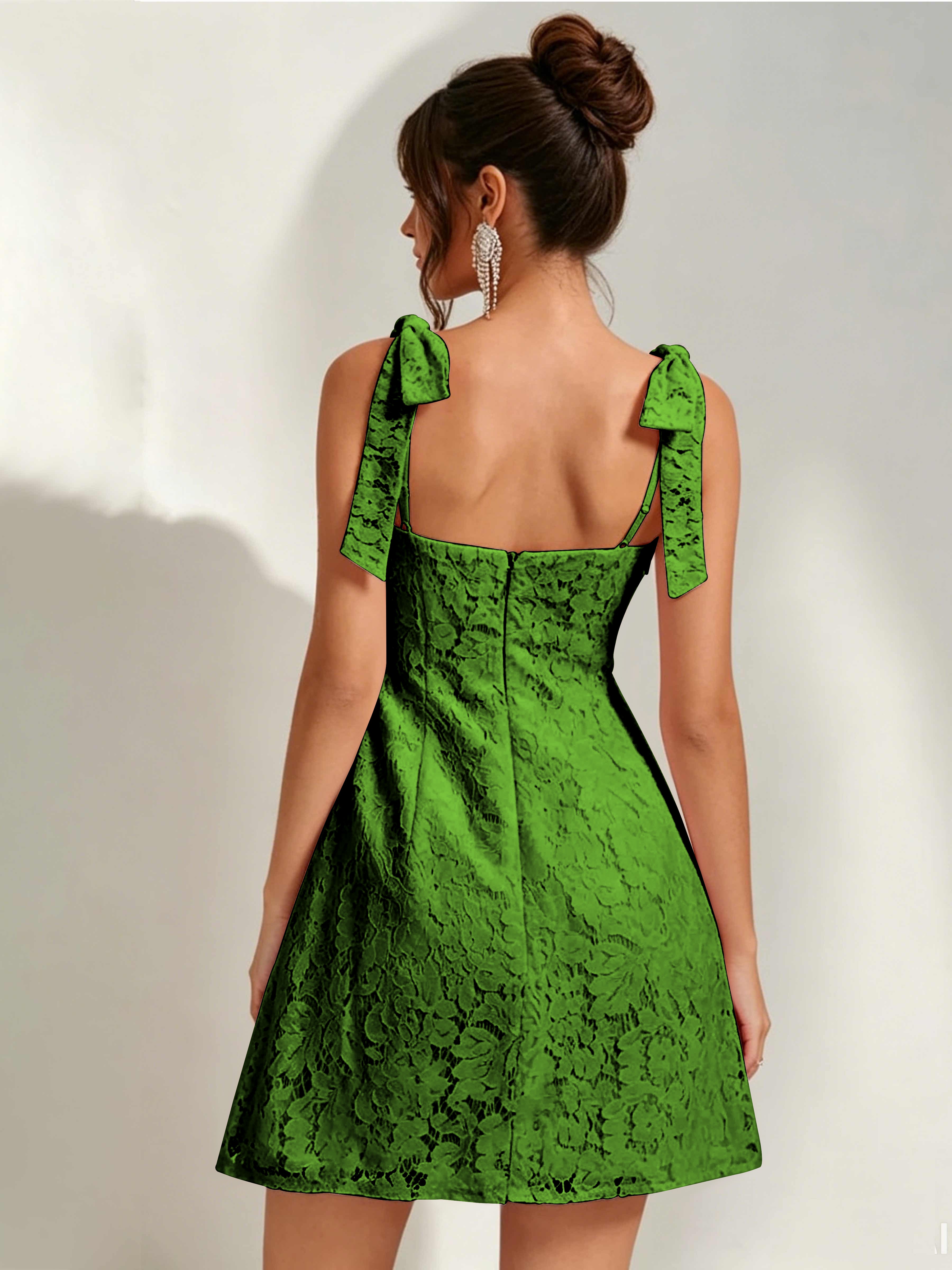 ROVDESY Bow Tie Spaghetti Strap A-Line  Floral Lace Mini Dress