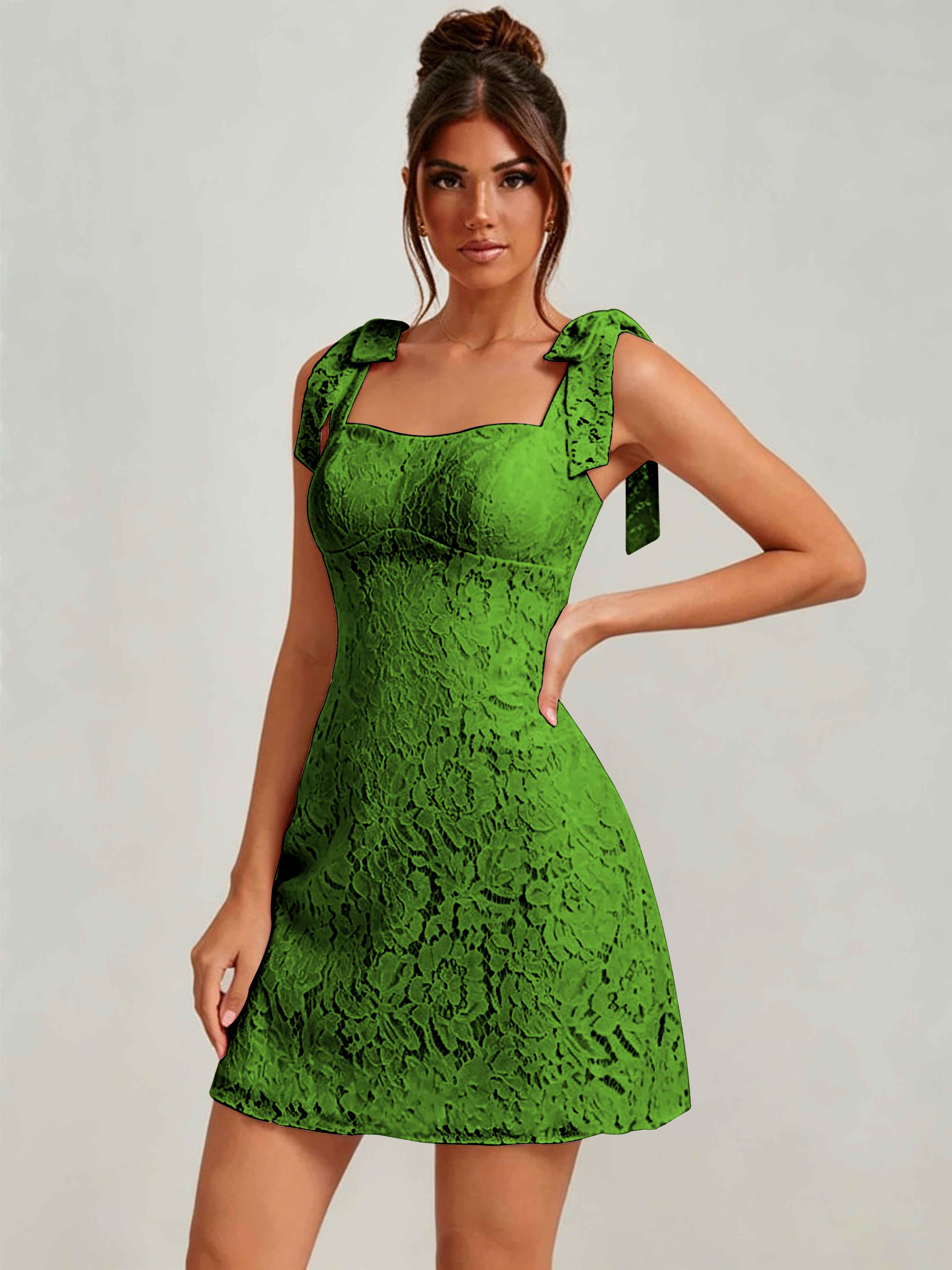 ROVDESY Bow Tie Spaghetti Strap A-Line  Floral Lace Mini Dress