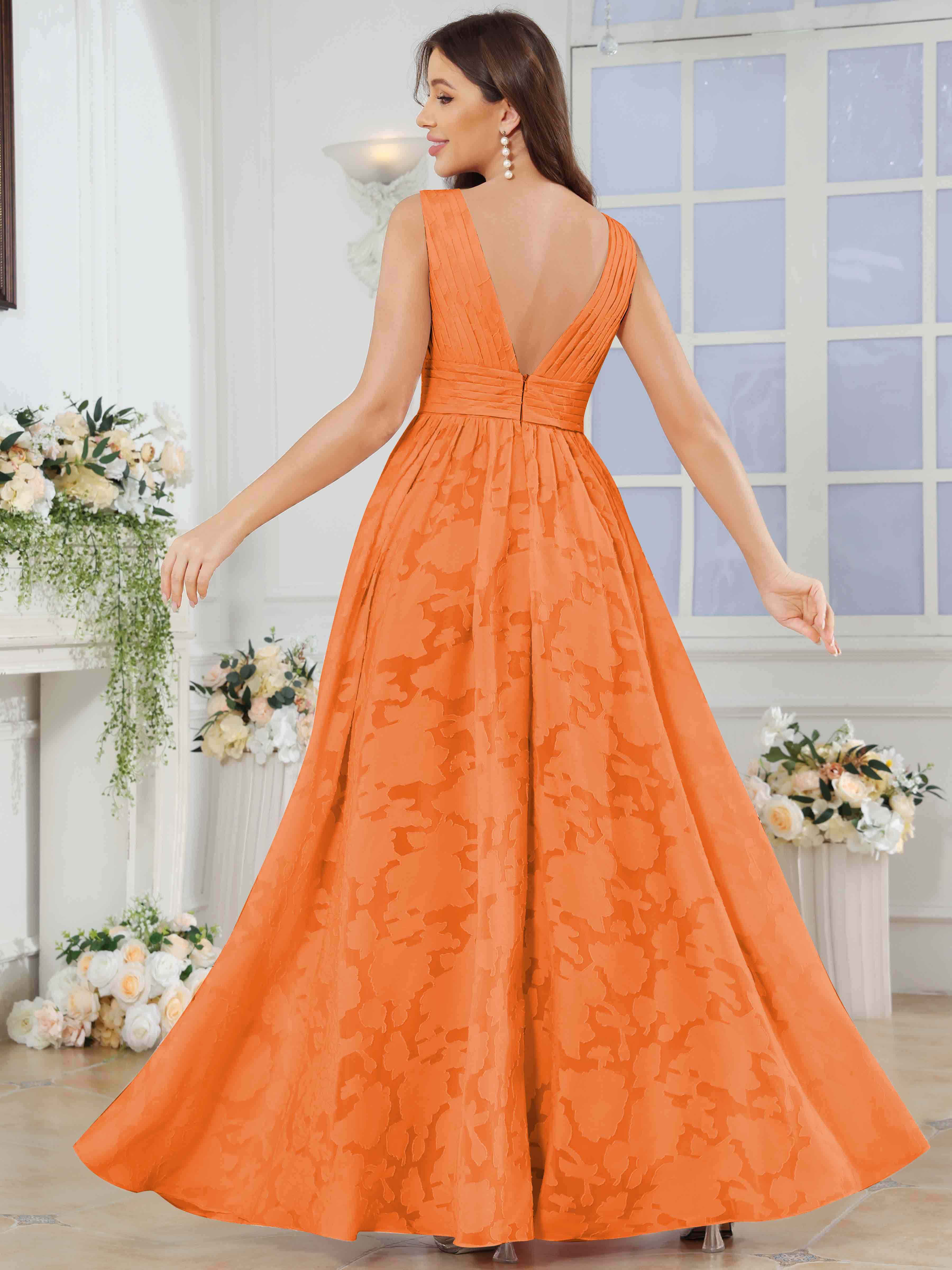 ROVDESY A-Line V-Neck Pleated Chiffon Jacquard Bridesmaid/Peom Dress With Slit