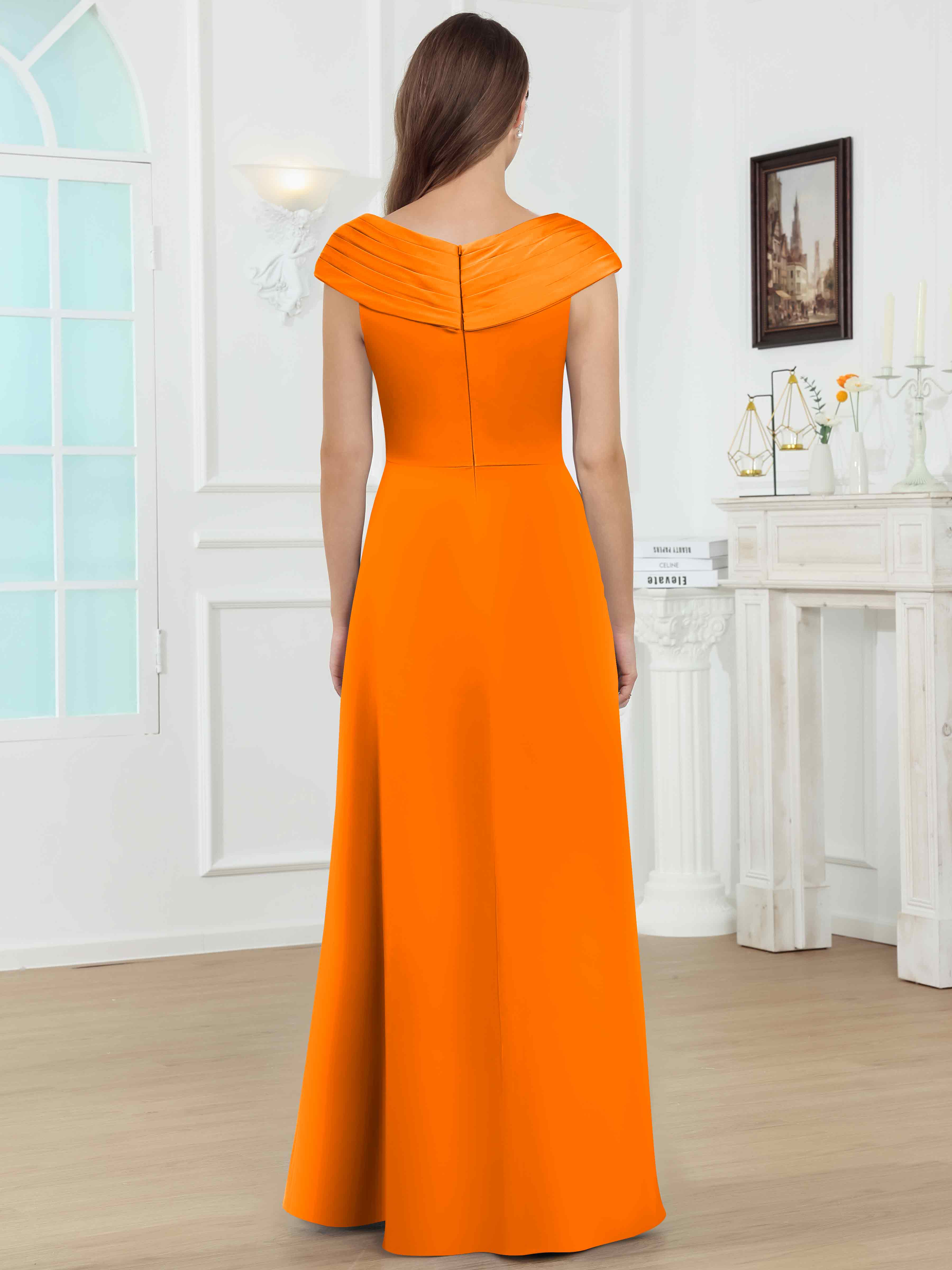 ROVDESY V-Neck Off The Shoulder Pleated Satin Mother Of The Bride Dress With Slit