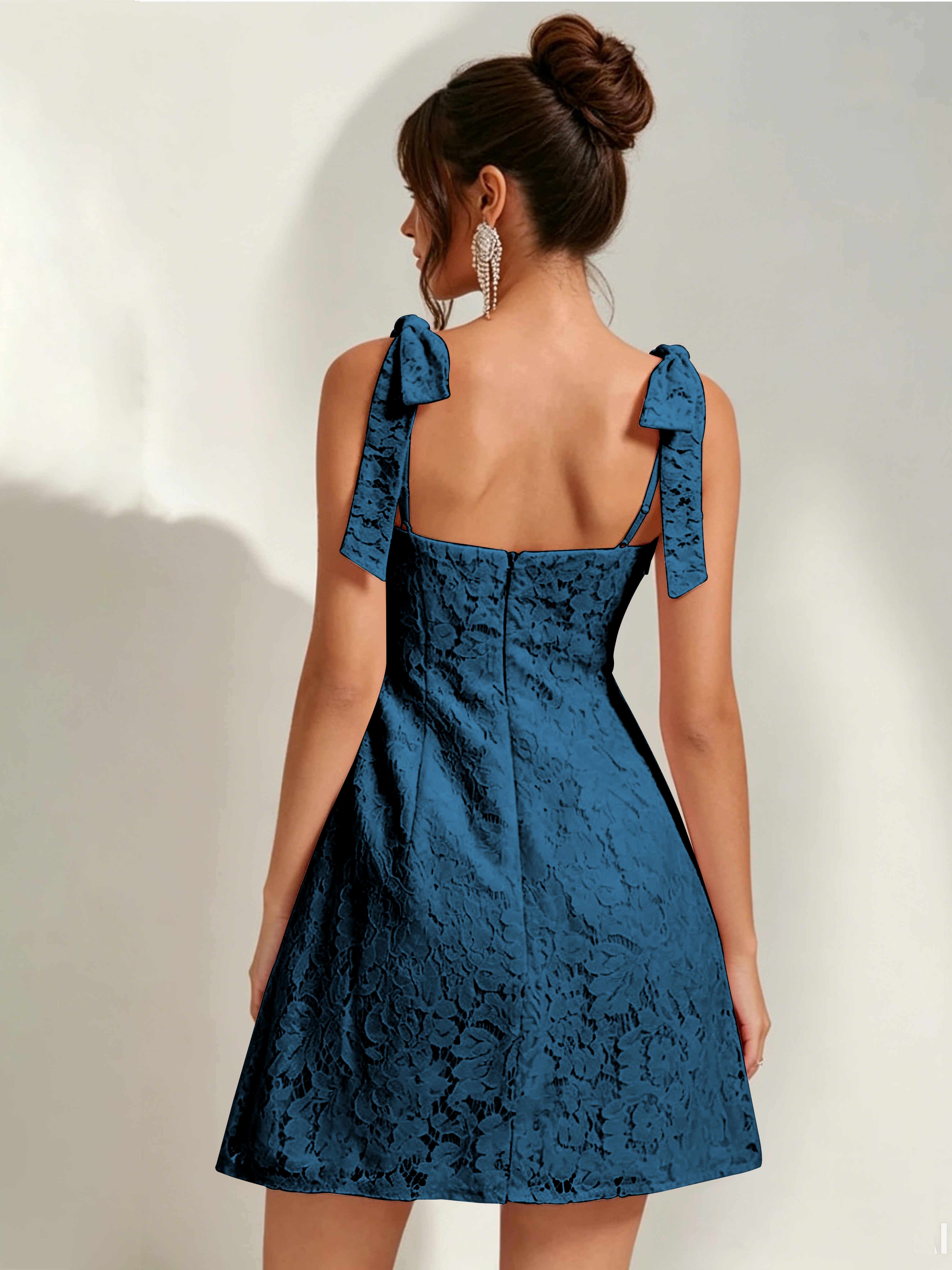 ROVDESY Bow Tie Spaghetti Strap A-Line  Floral Lace Mini Dress