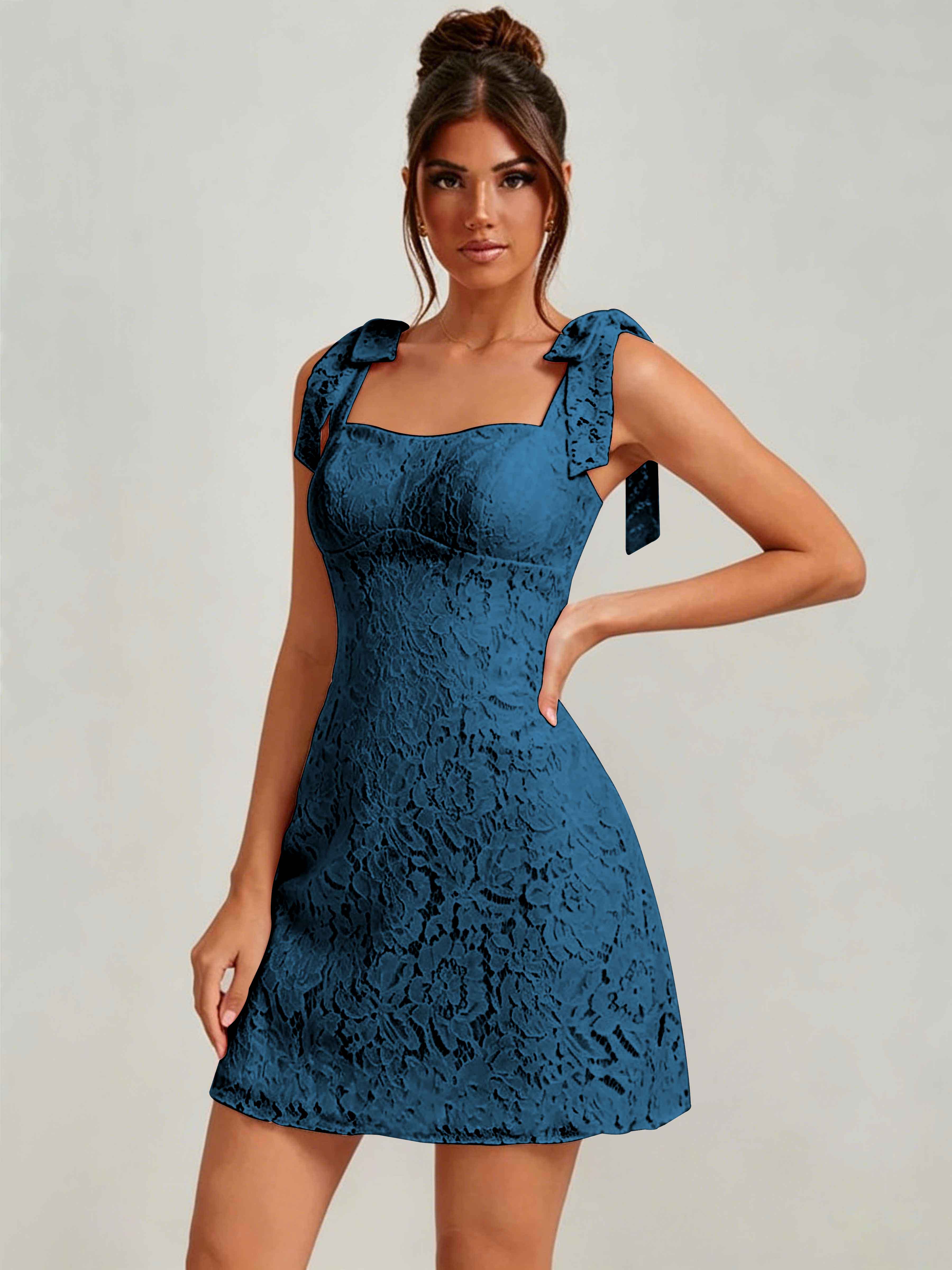 ROVDESY Bow Tie Spaghetti Strap A-Line  Floral Lace Mini Dress