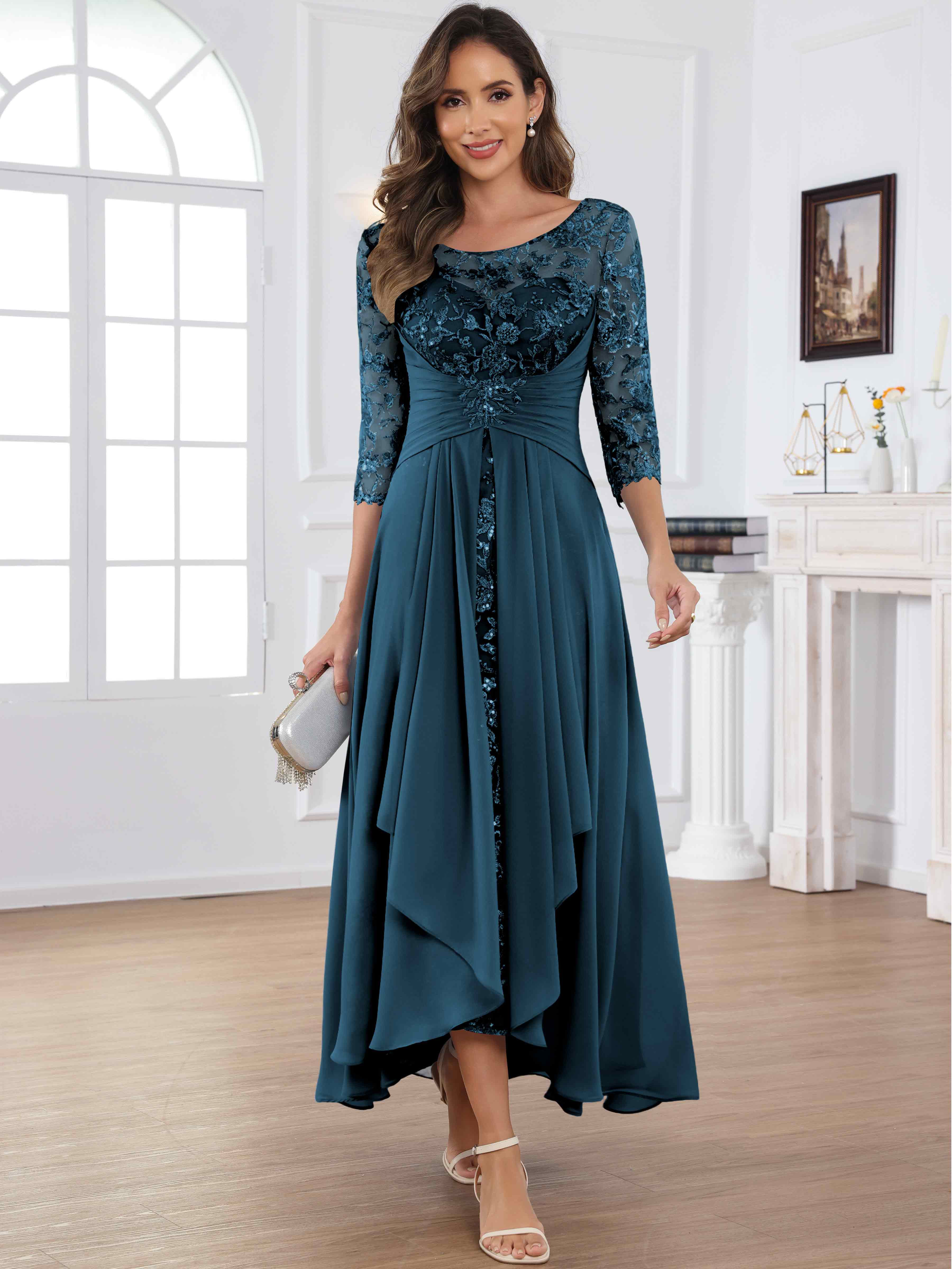 ROVDESY Tea Length Lace Chiffon Mother of The Bride Dress with 3/4 Sleeves