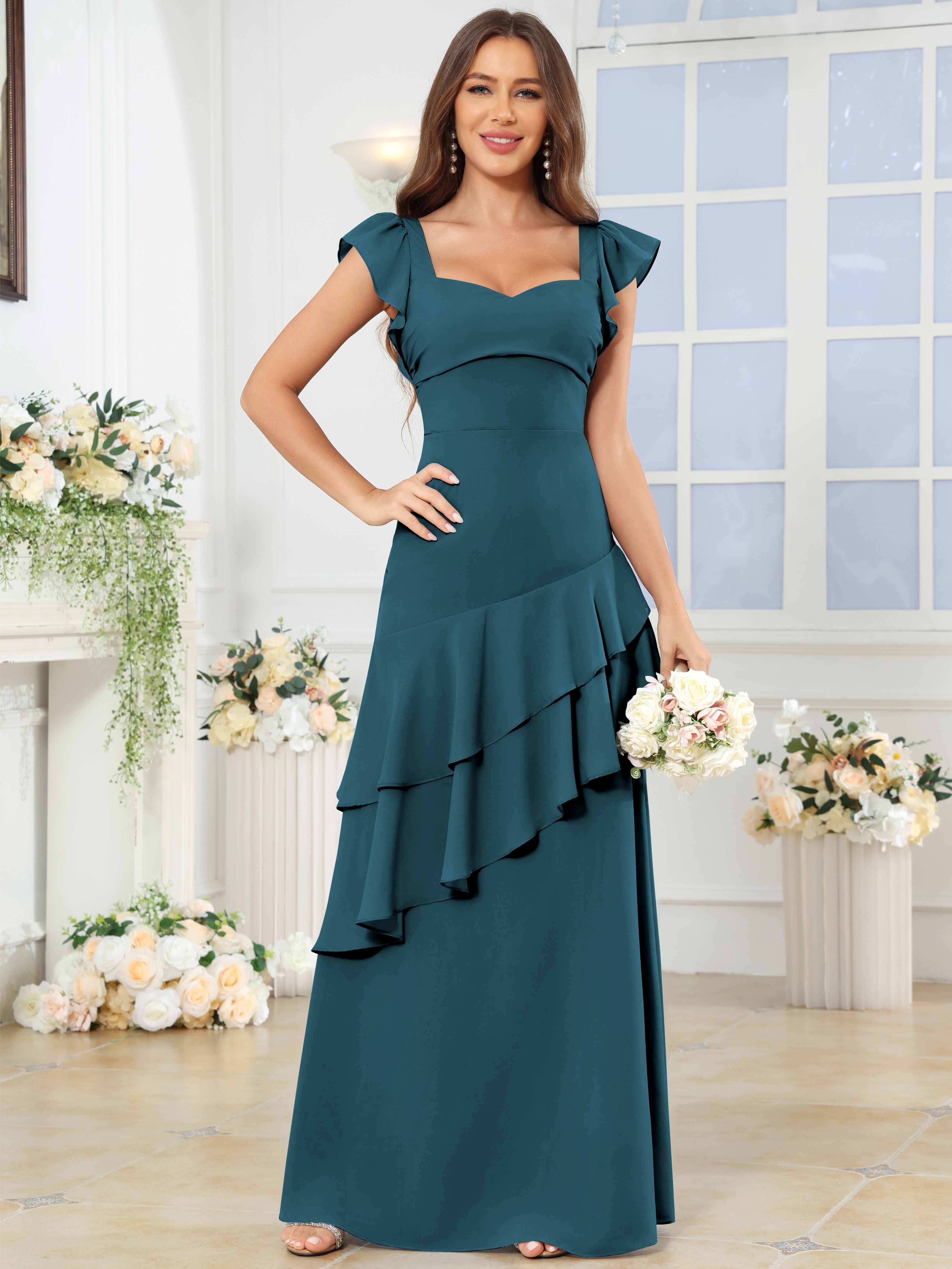 ROVDESY Sweetheart Tiered Ruffle Chiffon Bridesmaid Dress With Short Sleeves