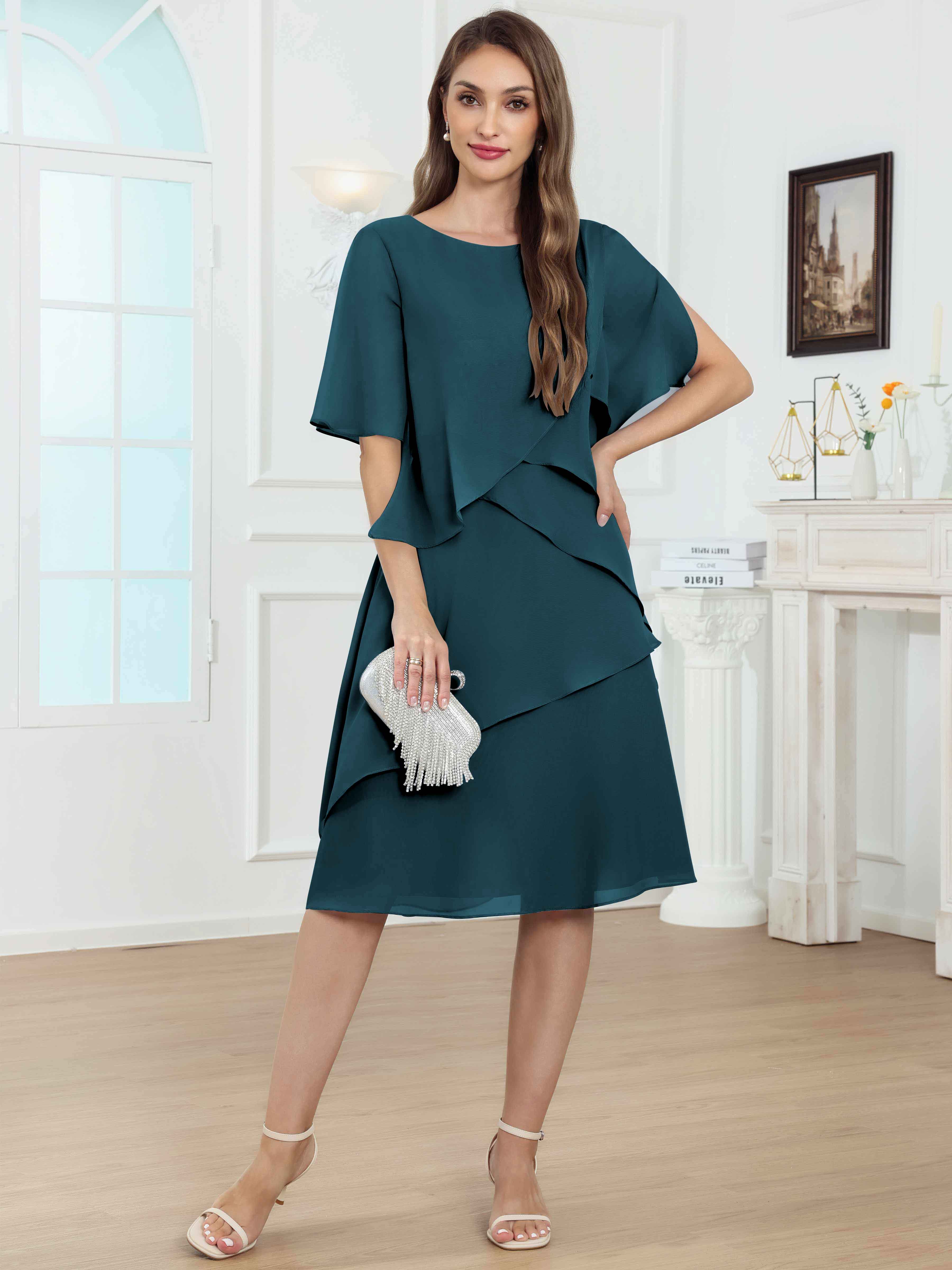 ROVDESY Knee Length Tiered Ruffle Chiffon Mother Of The Bride Dress With Half Sleeves