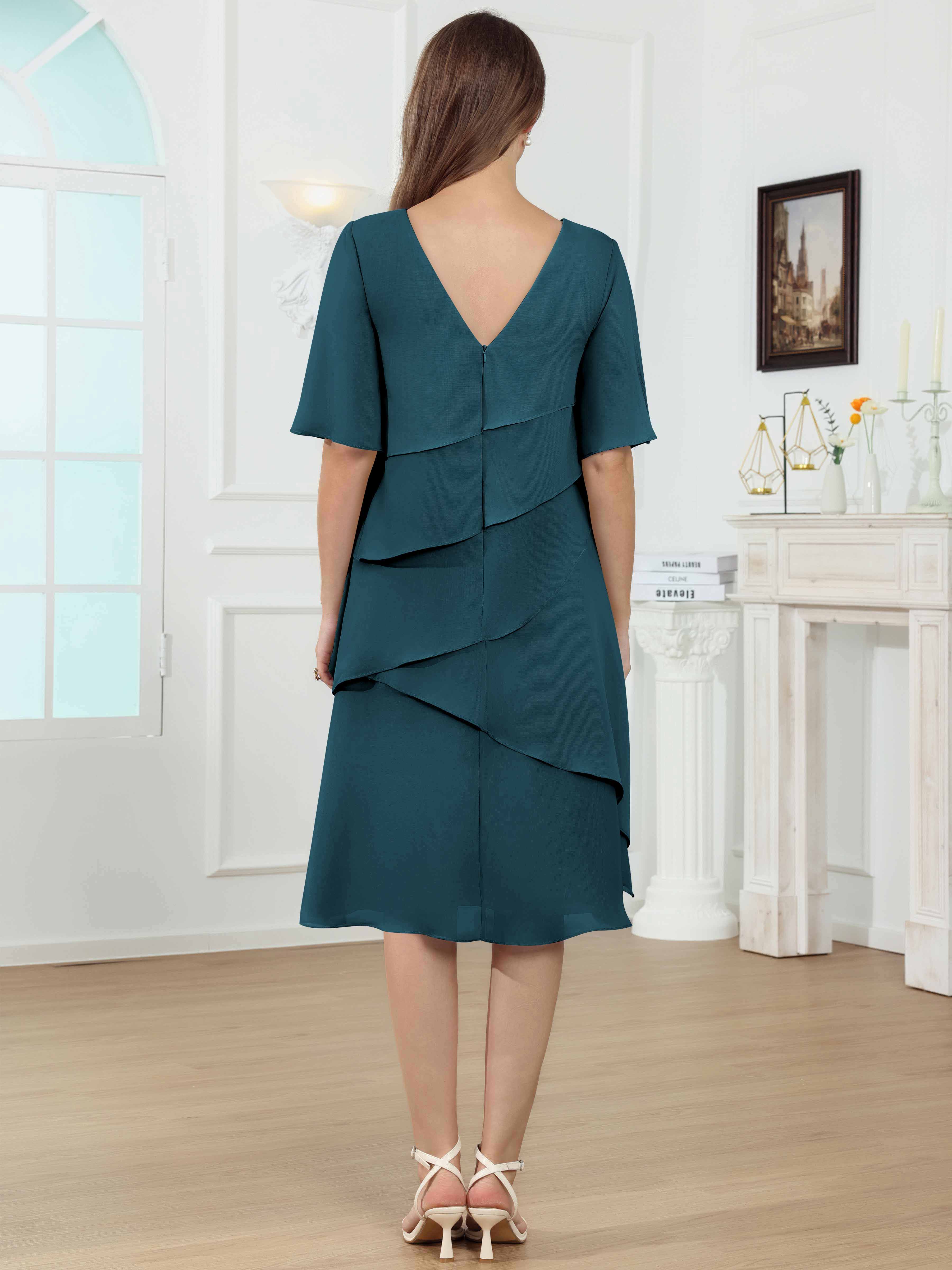 ROVDESY Knee Length Tiered Ruffle Chiffon Mother Of The Bride Dress With Half Sleeves