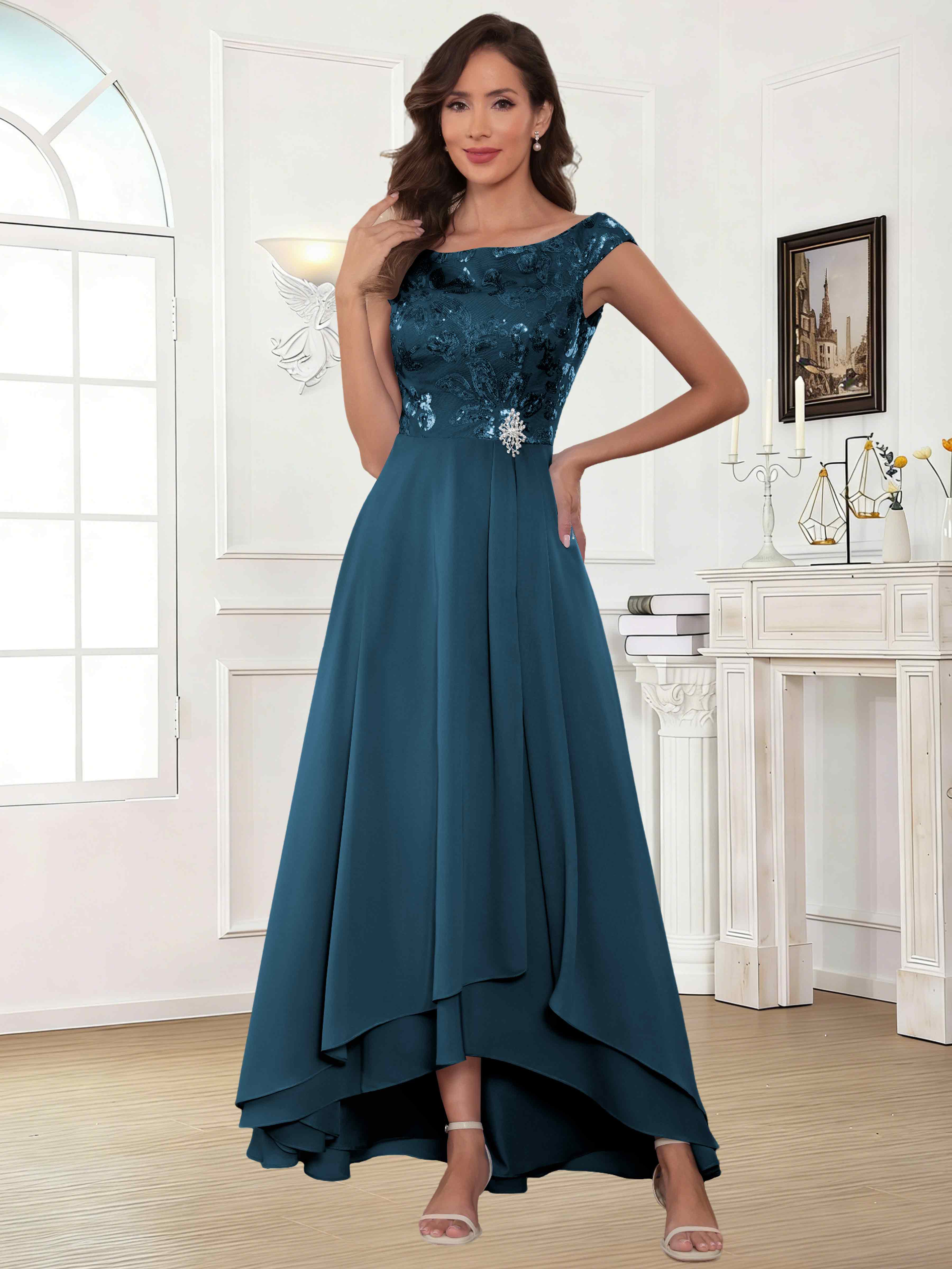 ROVDESY Tea Length Off-The-Shoulder Sequin Chiffon Mother Of The Bride Dress