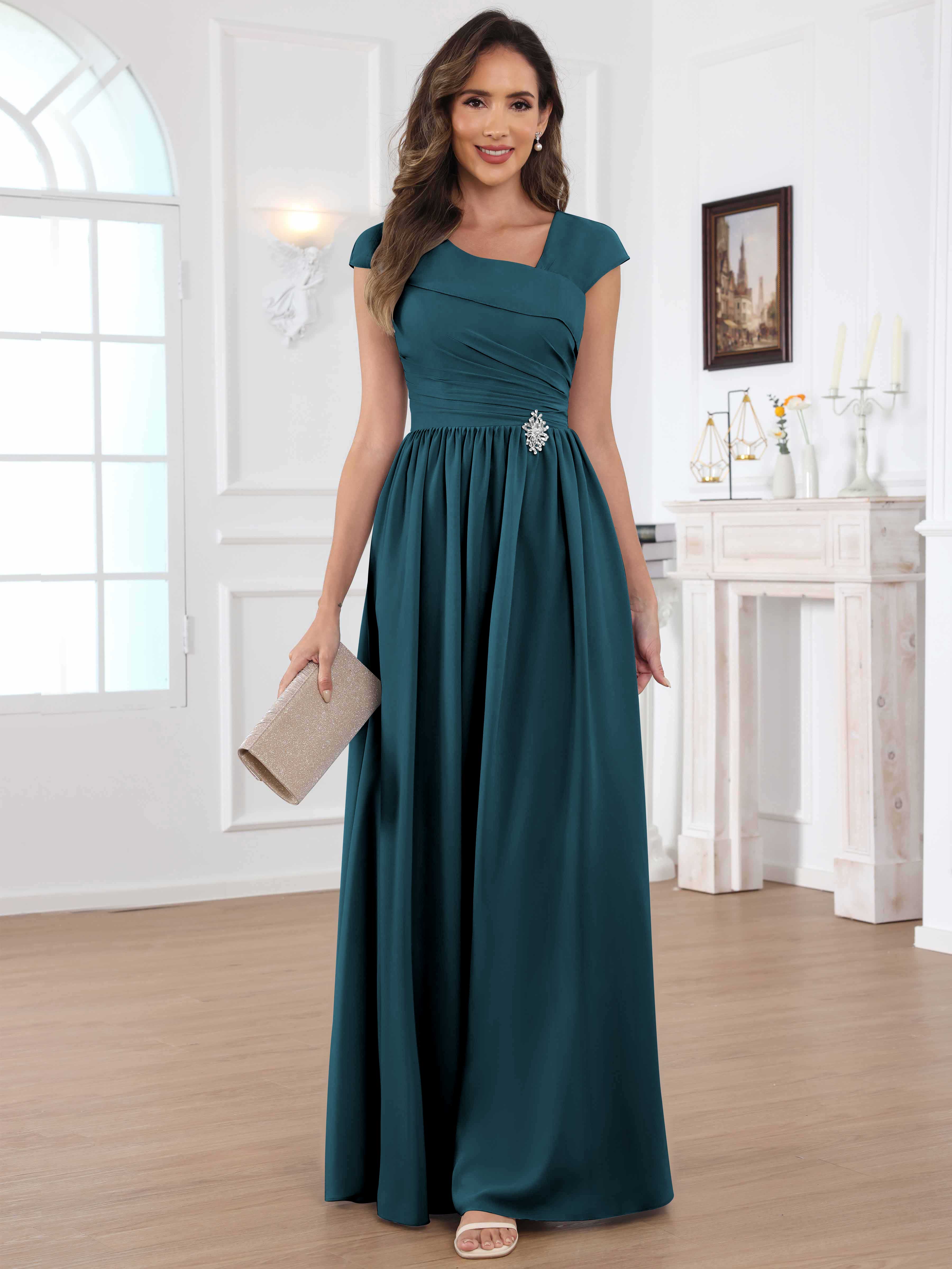 ROVDESY A-Line Cap Sleeves Pleated Chiffon Mother Of The Bride Dress