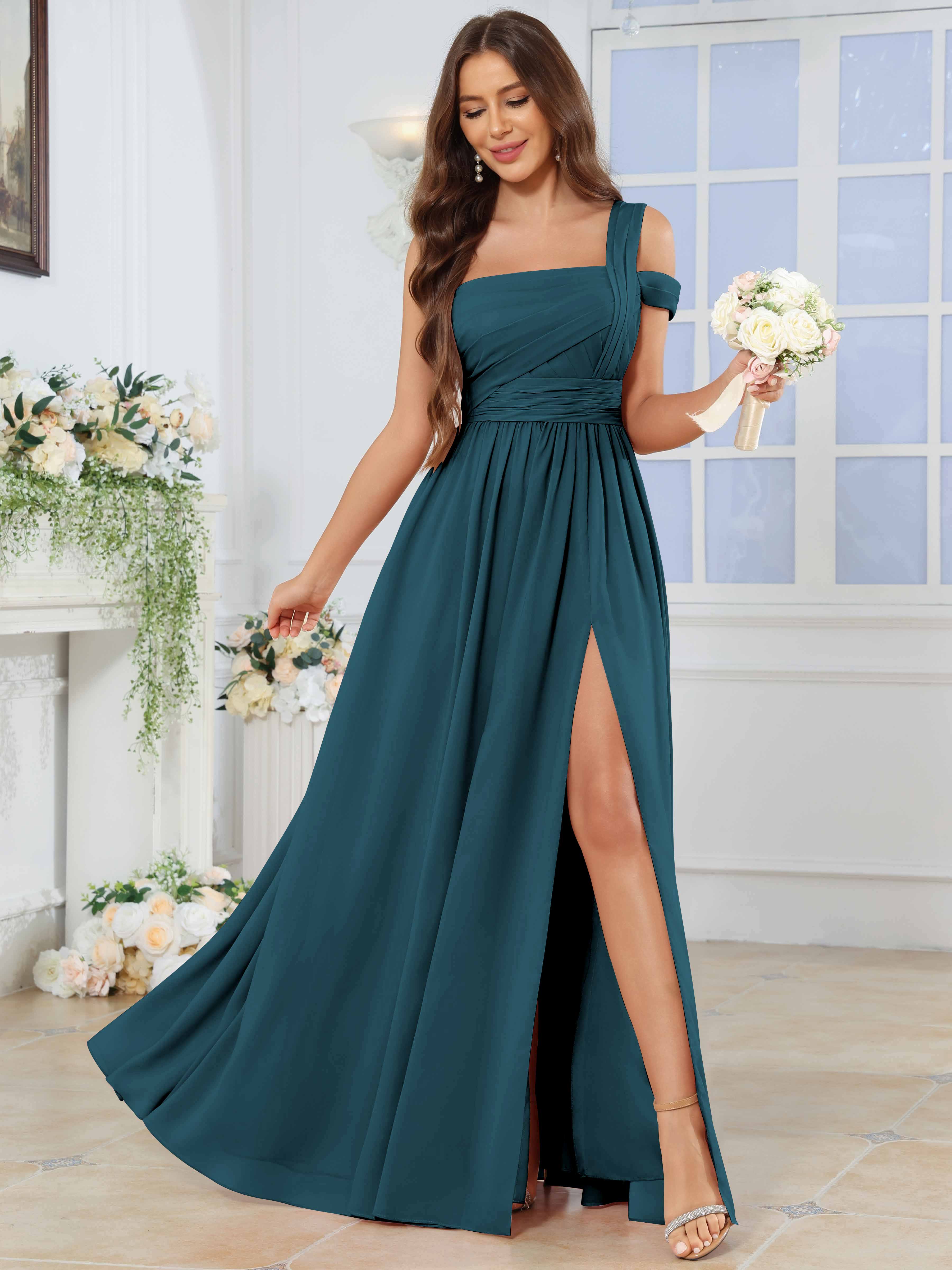 ROVDESY One Shoulder Pleated Chiffon Bridesmaid Dress With Slit