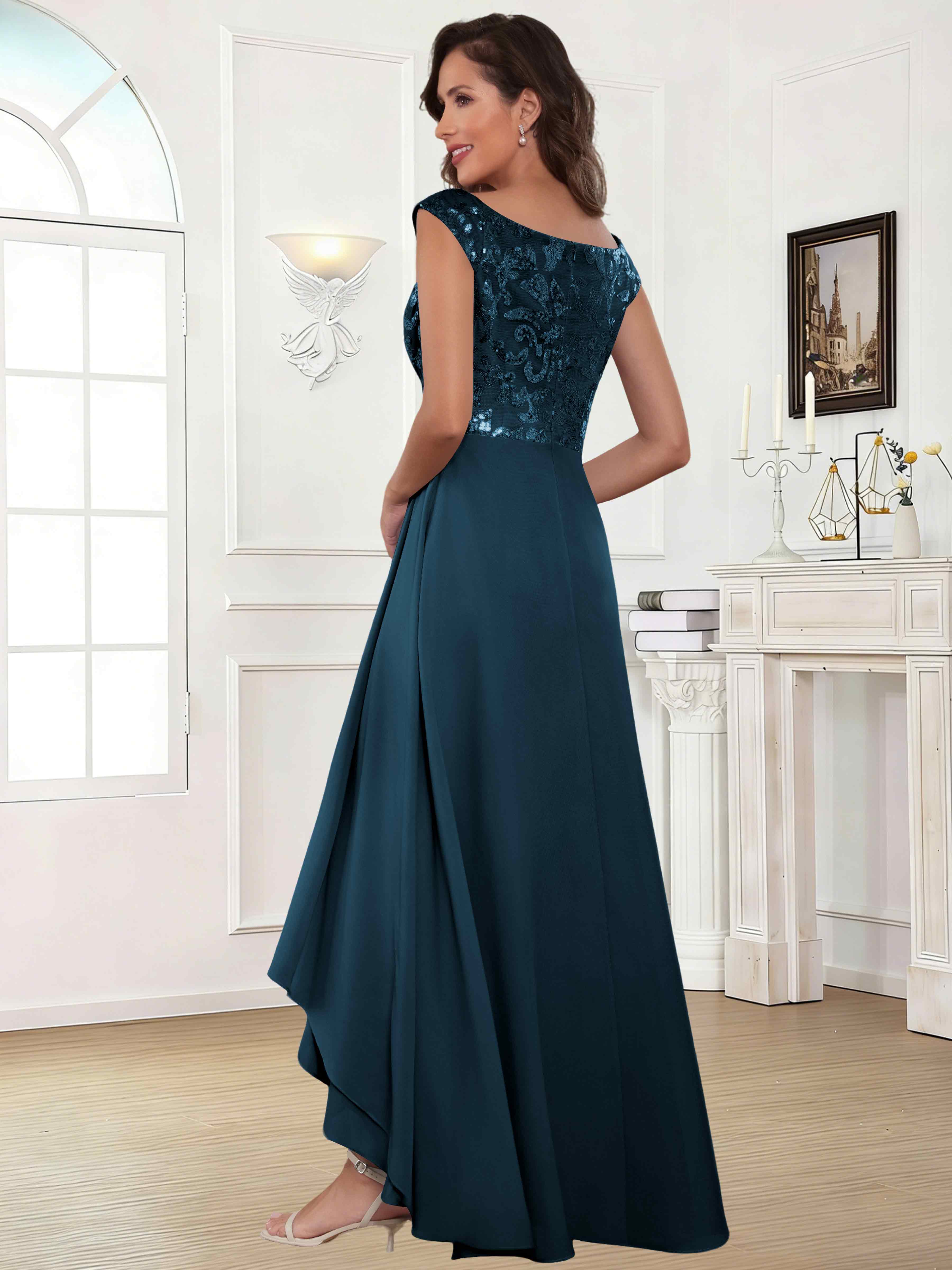 ROVDESY Tea Length Off-The-Shoulder Sequin Chiffon Mother Of The Bride Dress