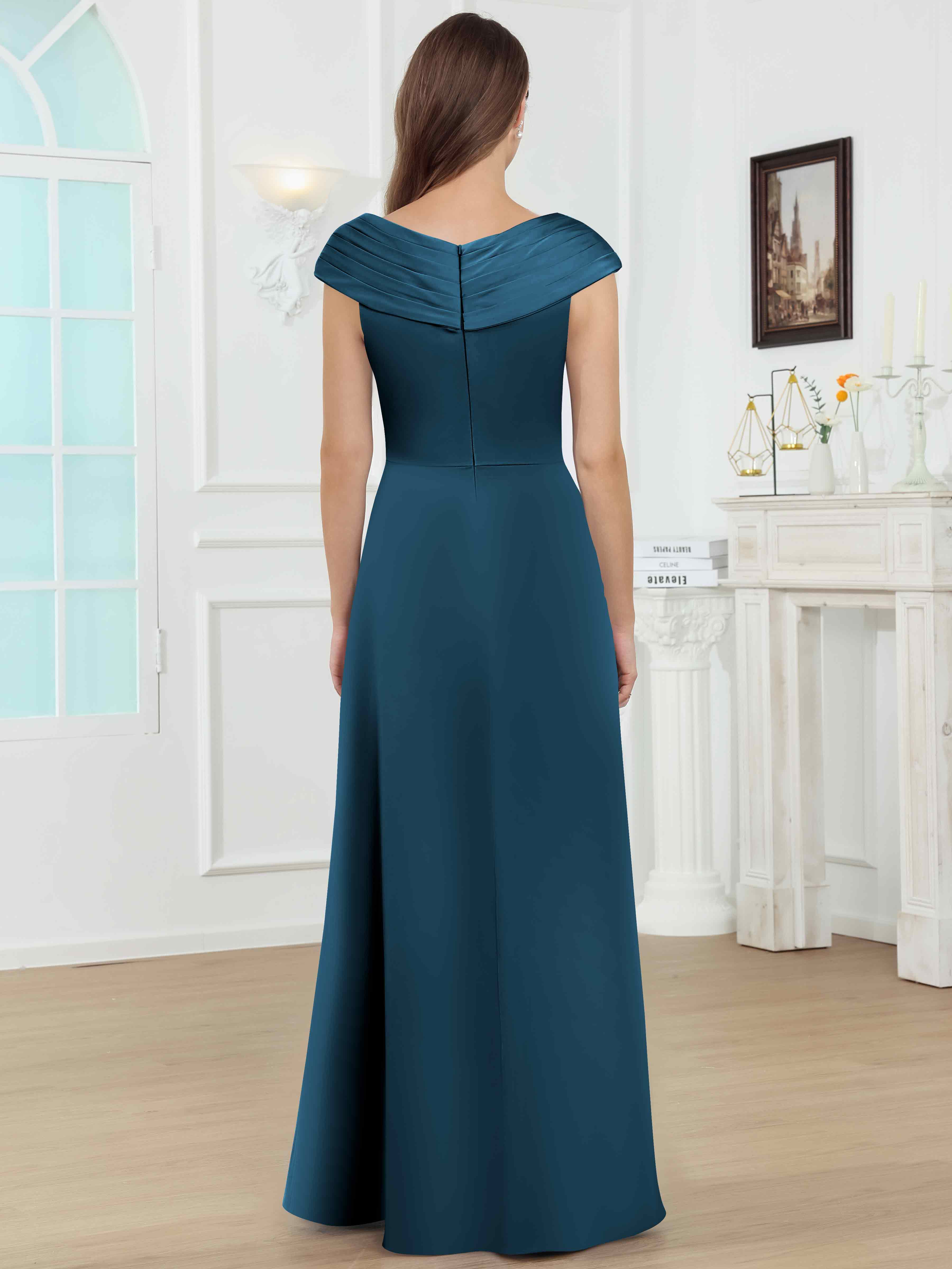 ROVDESY V-Neck Off The Shoulder Pleated Satin Mother Of The Bride Dress With Slit