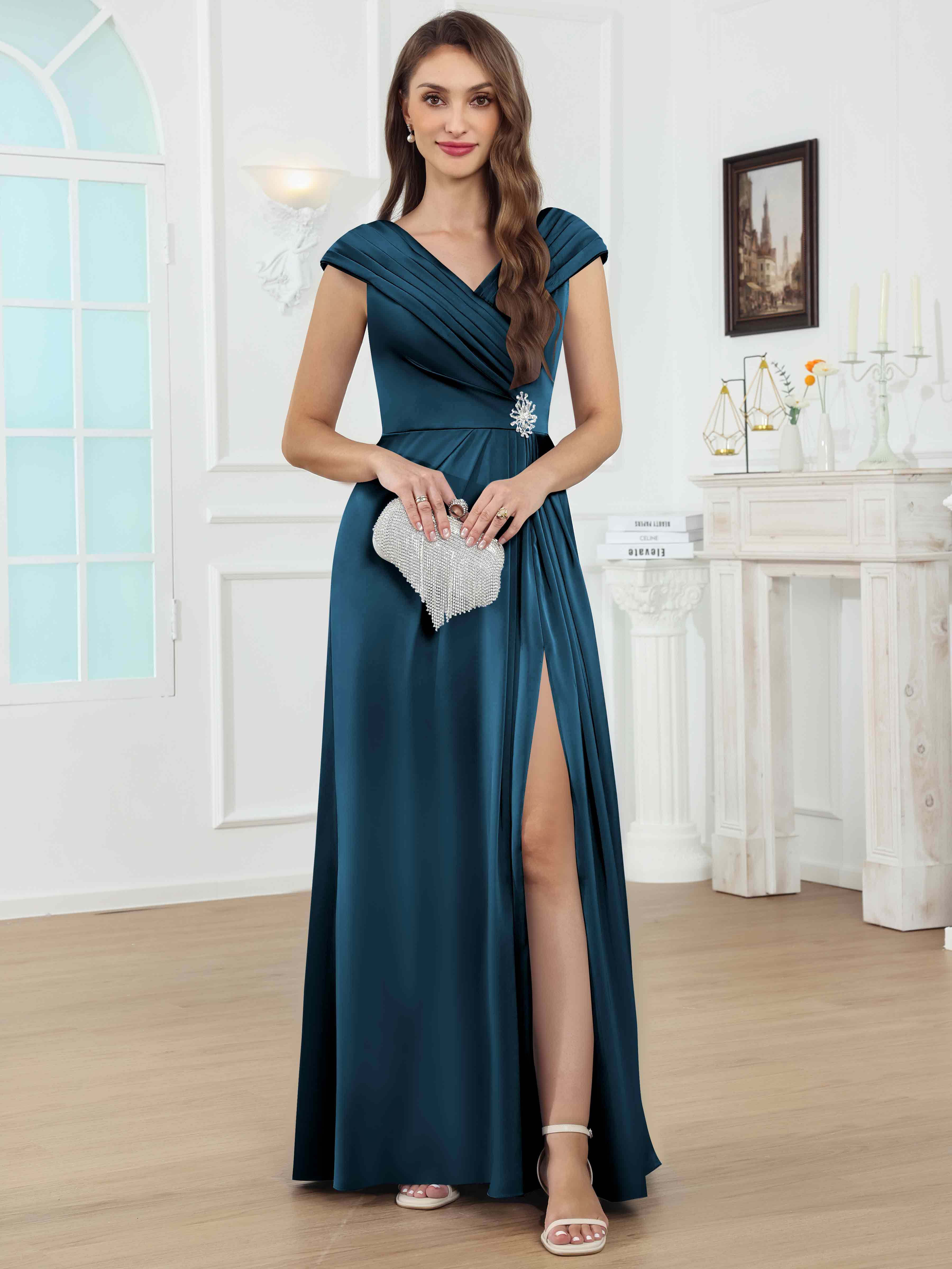ROVDESY V-Neck Off The Shoulder Pleated Satin Mother Of The Bride Dress With Slit