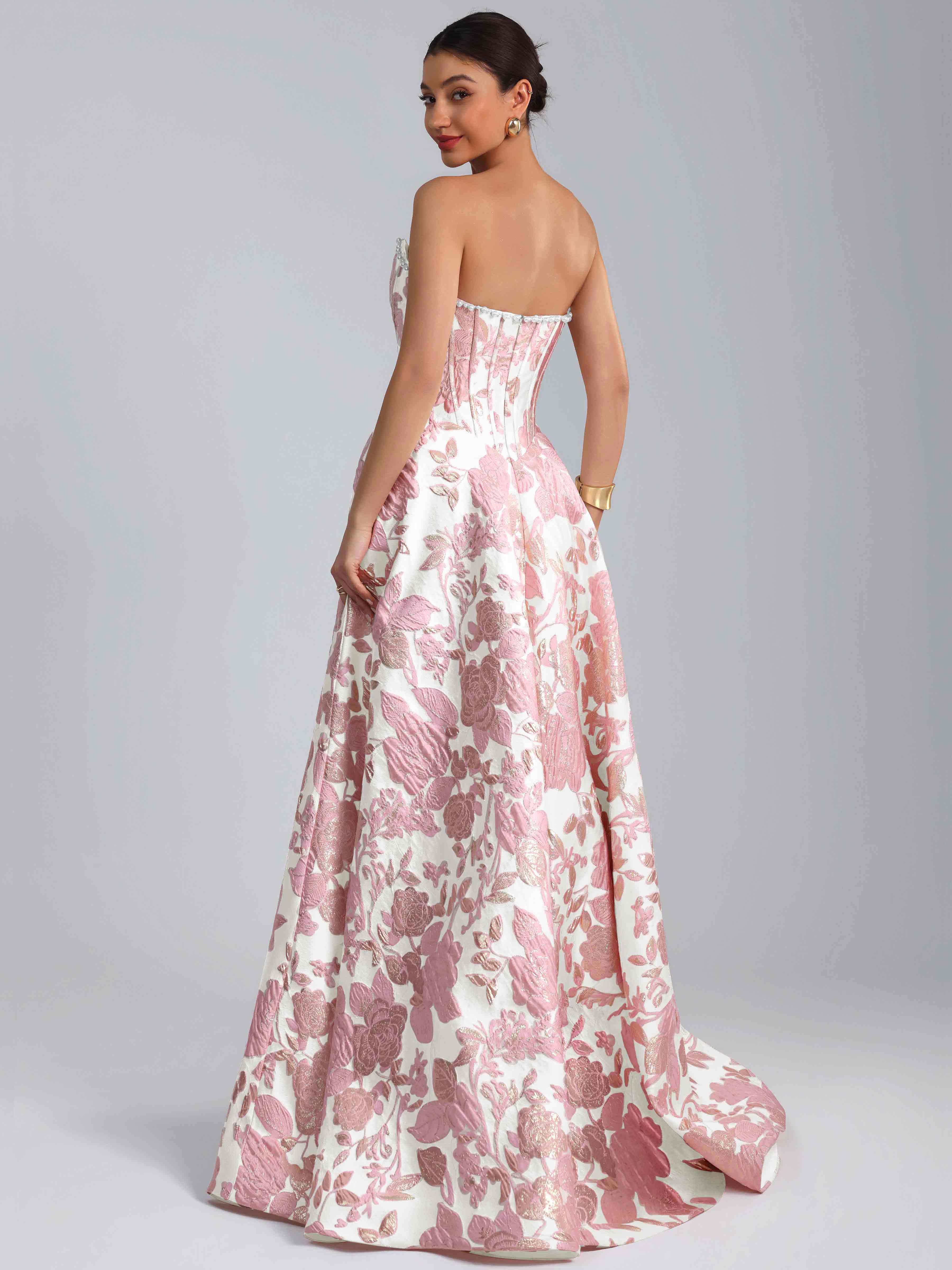 ROVDESY A-Line Strapless Jacquard Satin Prom Dress Long Ball Gown