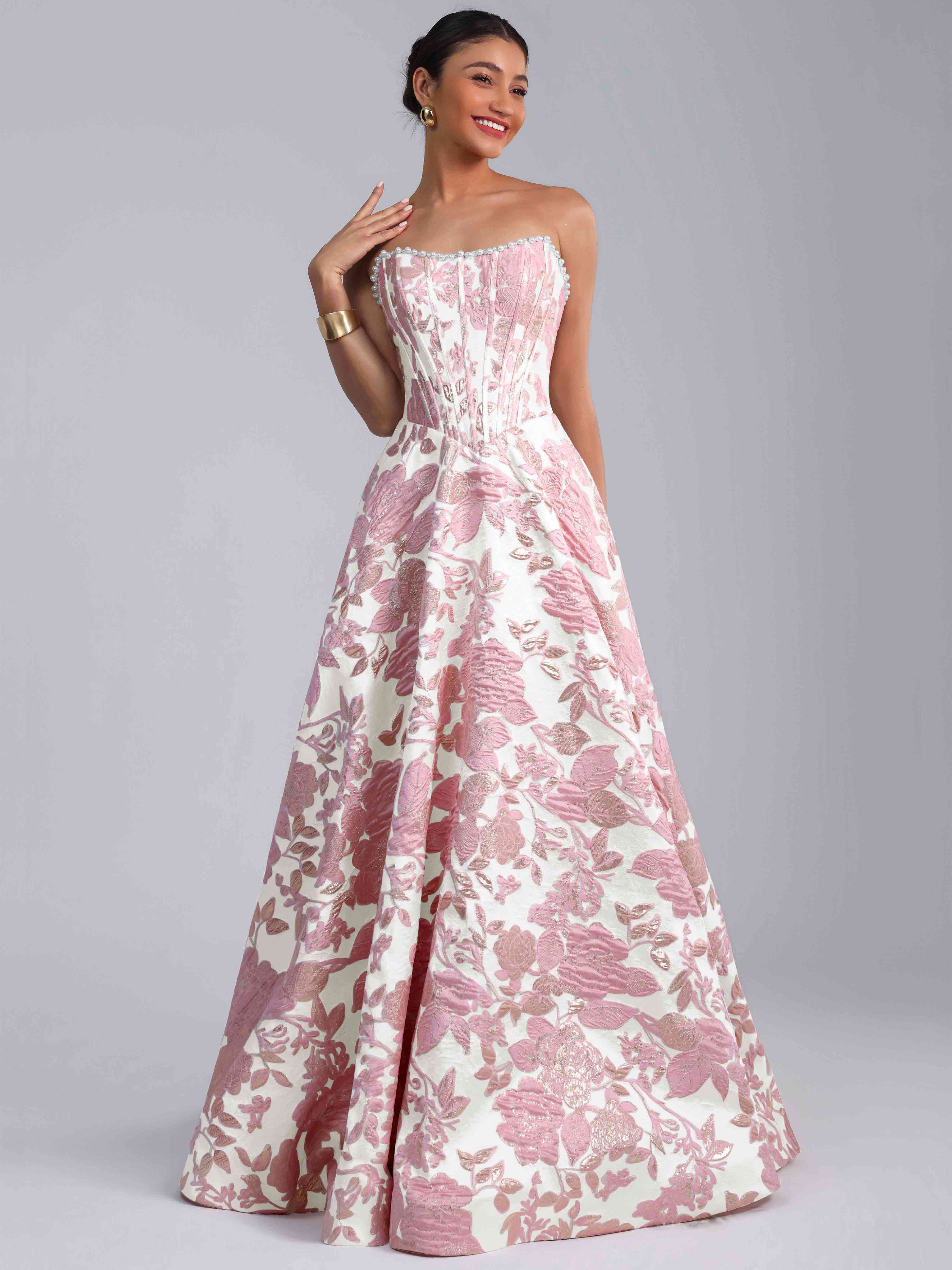 ROVDESY A-Line Strapless Jacquard Satin Prom Dress Long Ball Gown