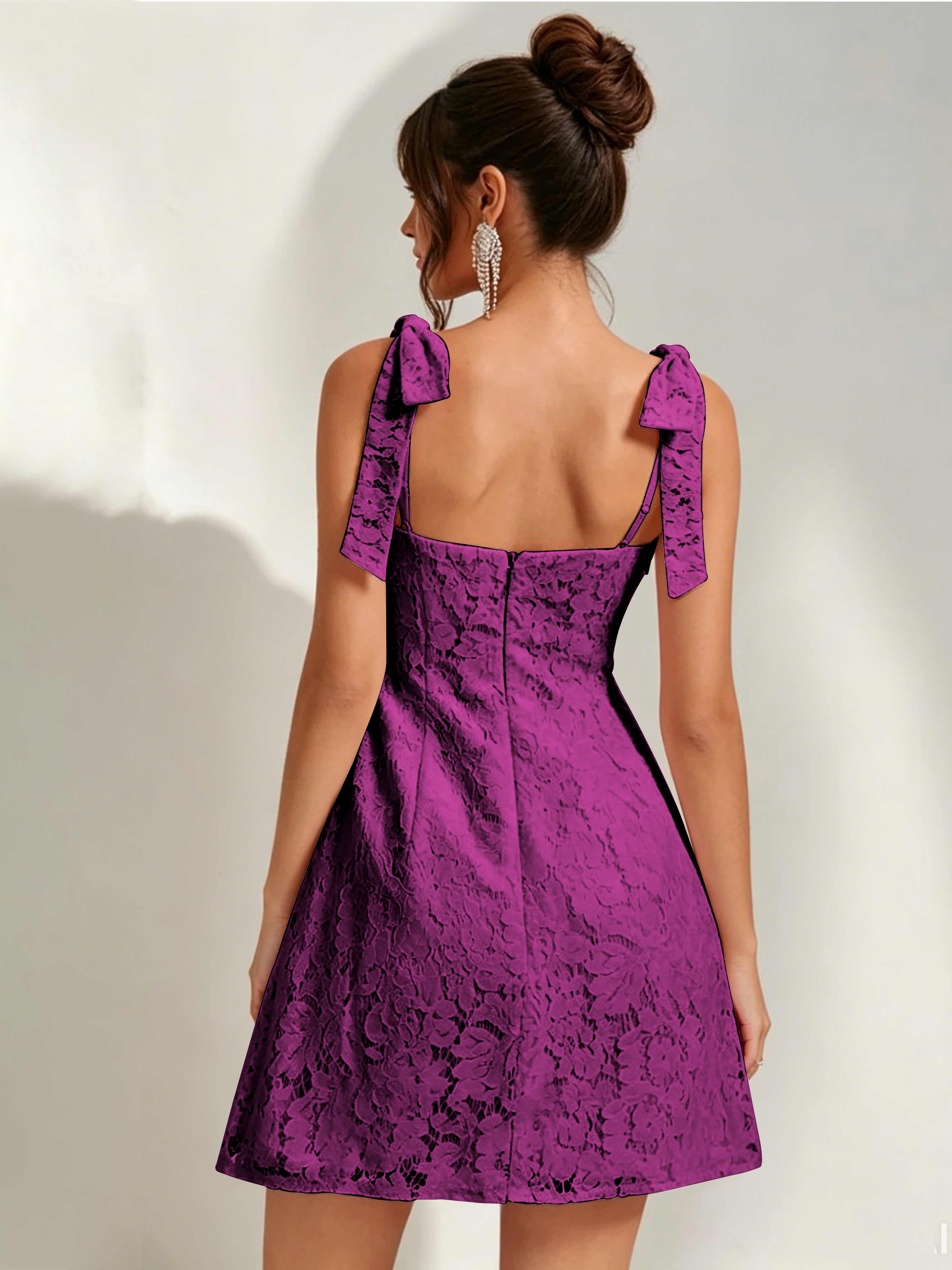 ROVDESY Bow Tie Spaghetti Strap A-Line  Floral Lace Mini Dress