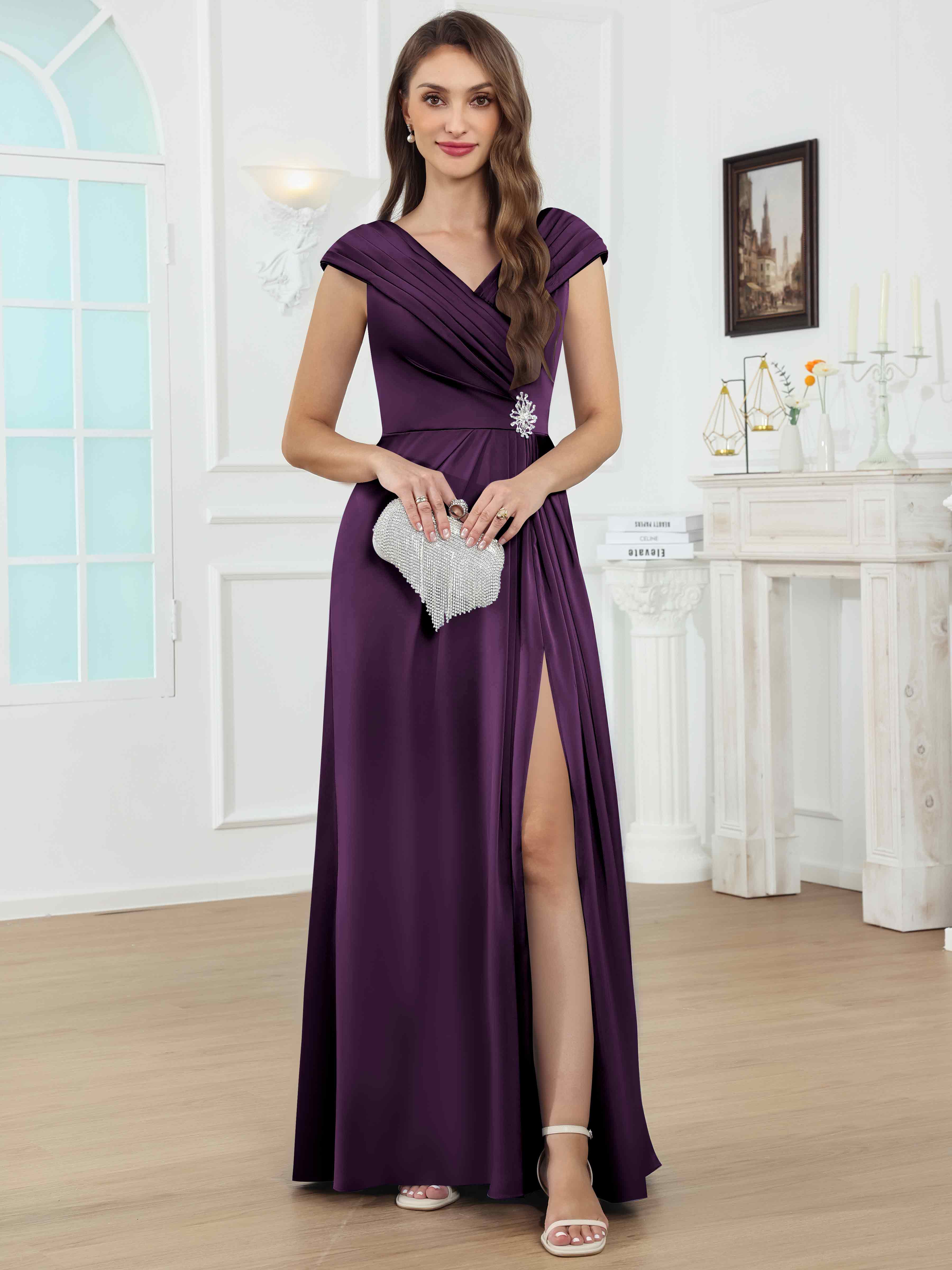 ROVDESY V-Neck Off The Shoulder Pleated Satin Mother Of The Bride Dress With Slit