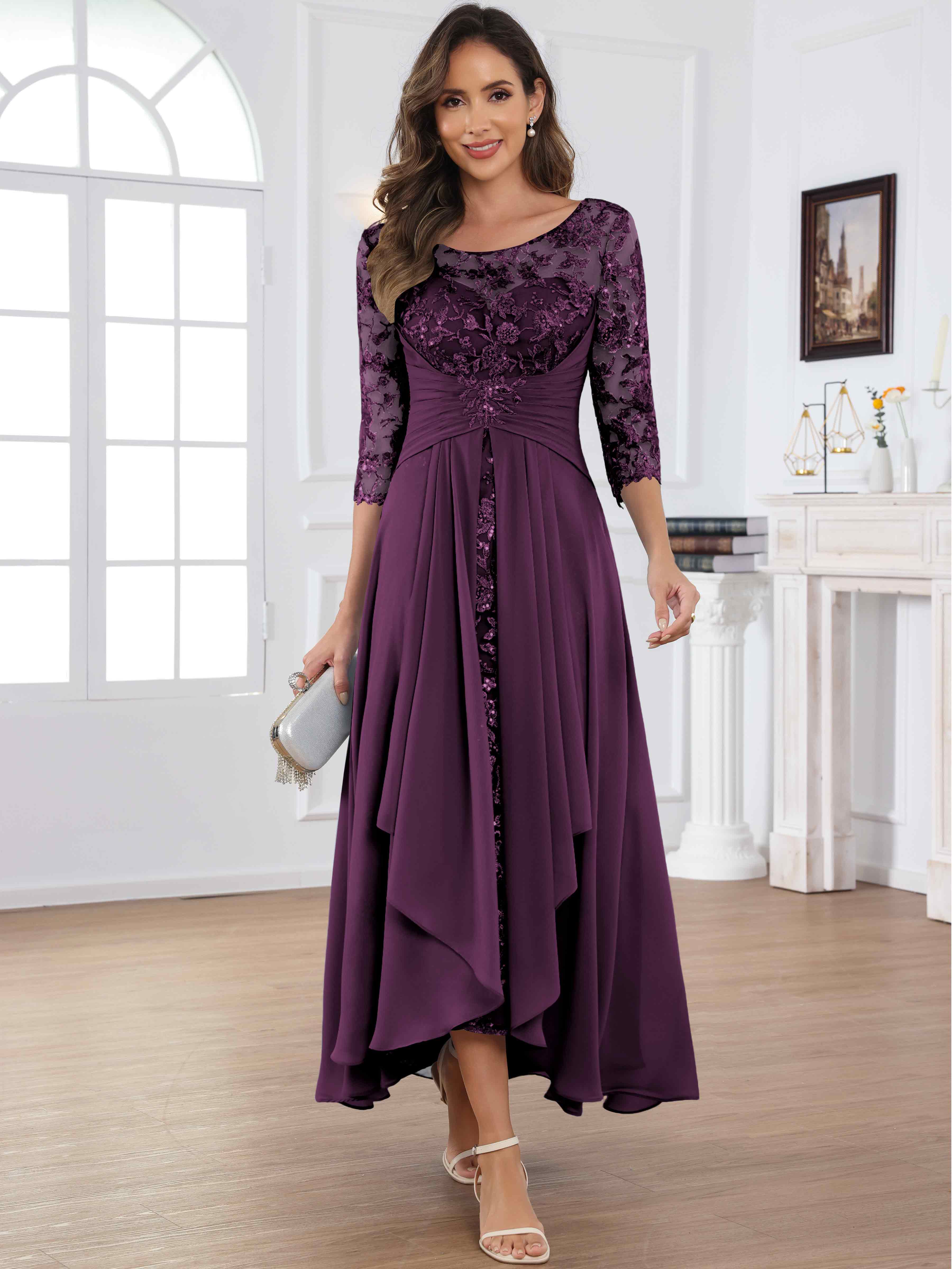 ROVDESY Tea Length Lace Chiffon Mother of The Bride Dress with 3/4 Sleeves