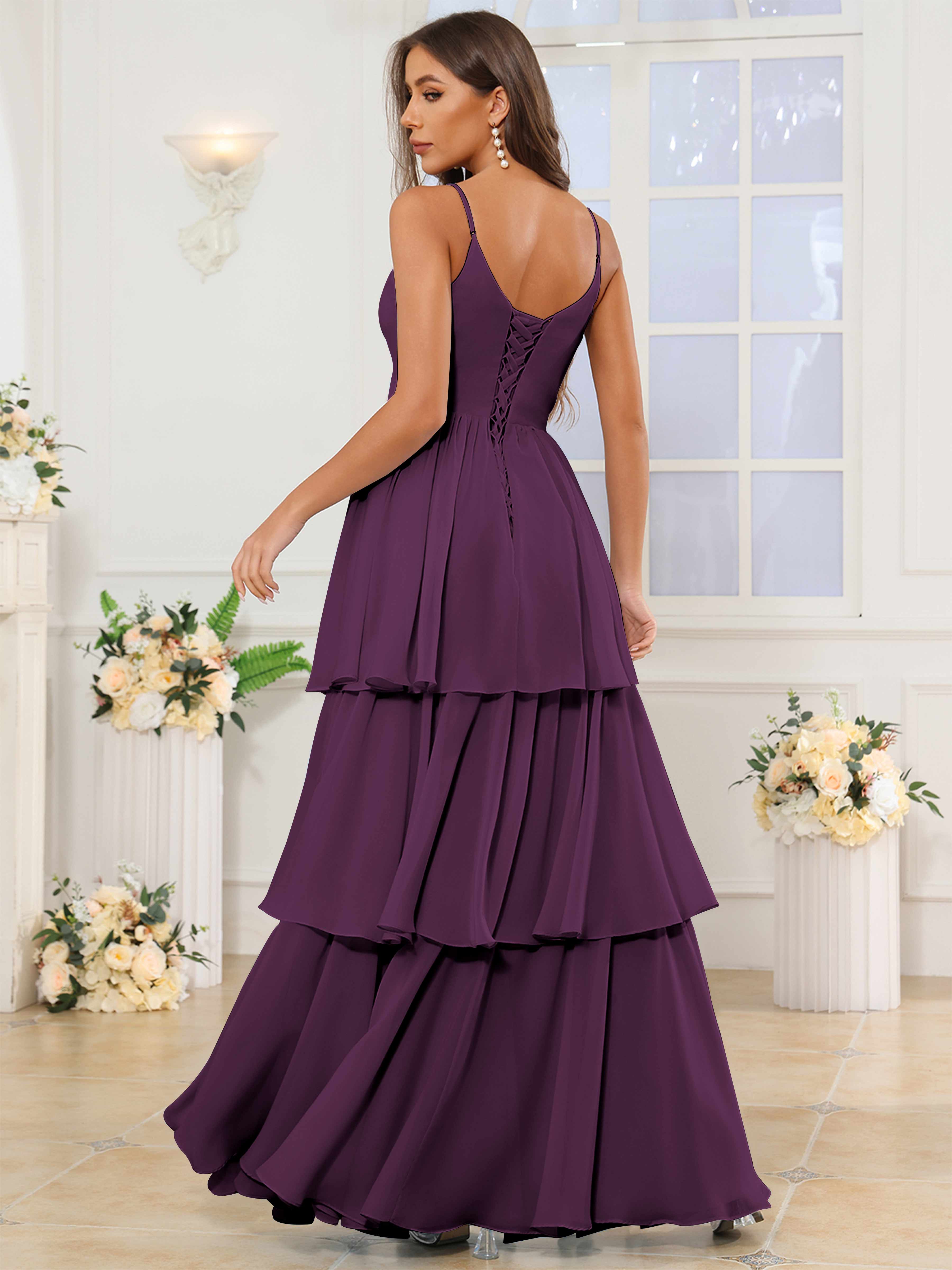 ROVDESY V-Neck Spaghetti Straps Tiered Chiffon Bridesmaid Dress With Ruffles