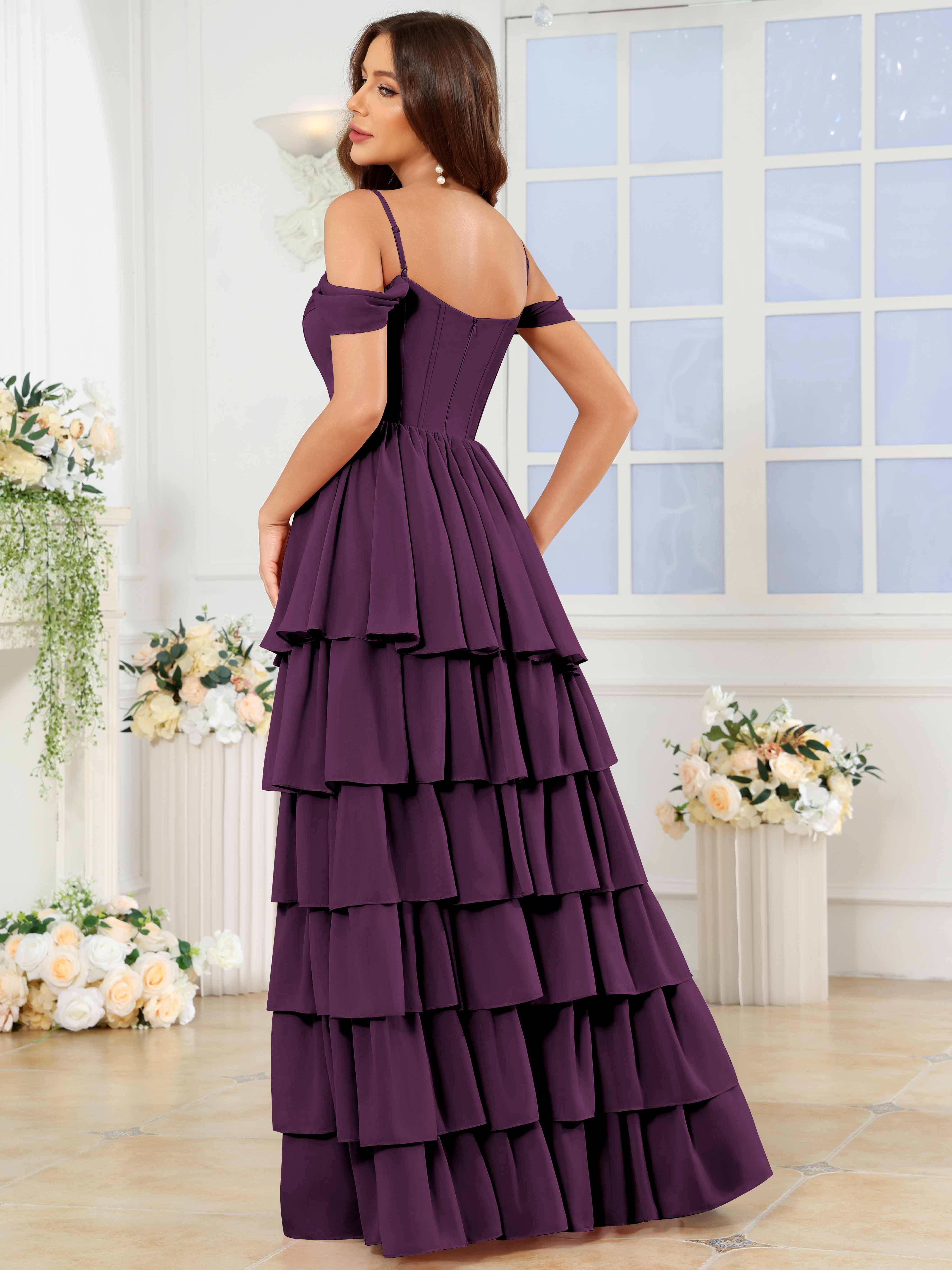 ROVDESY A-Line Off The Shoulder Tiered Chiffon Bridesmaid/Prom Dress With Slit