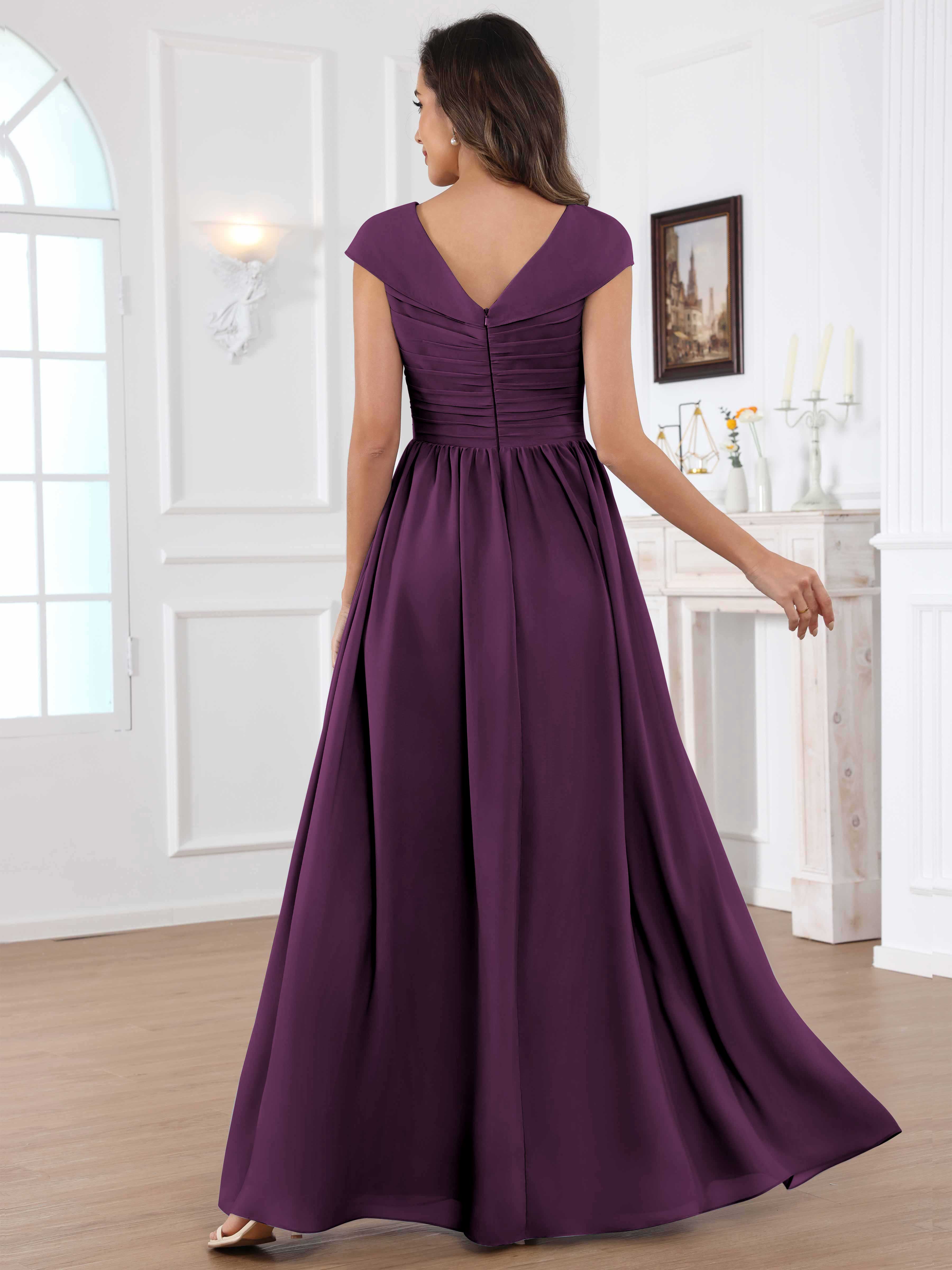 ROVDESY A-Line Cap Sleeves Pleated Chiffon Mother Of The Bride Dress