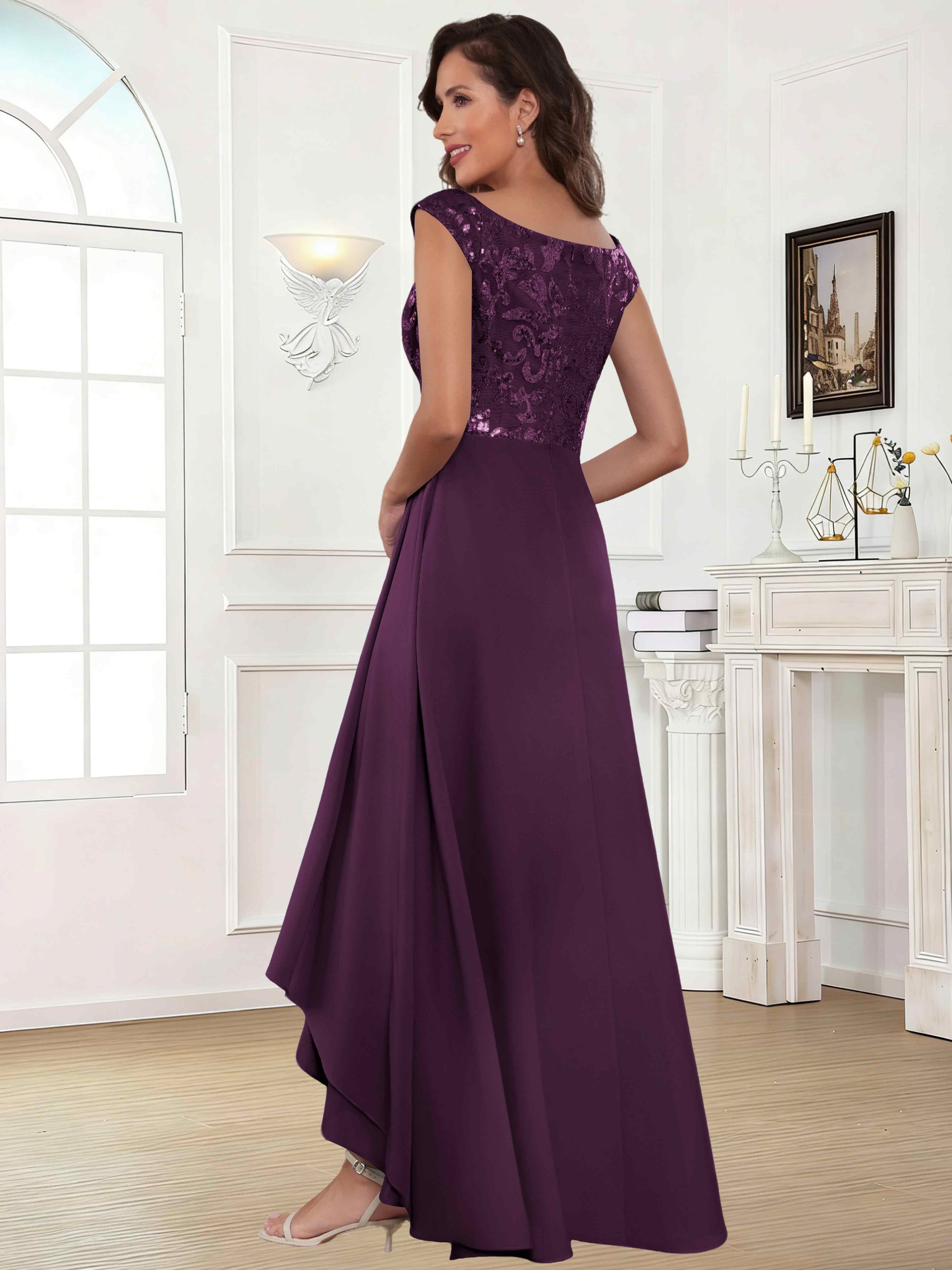 ROVDESY Tea Length Off-The-Shoulder Sequin Chiffon Mother Of The Bride Dress