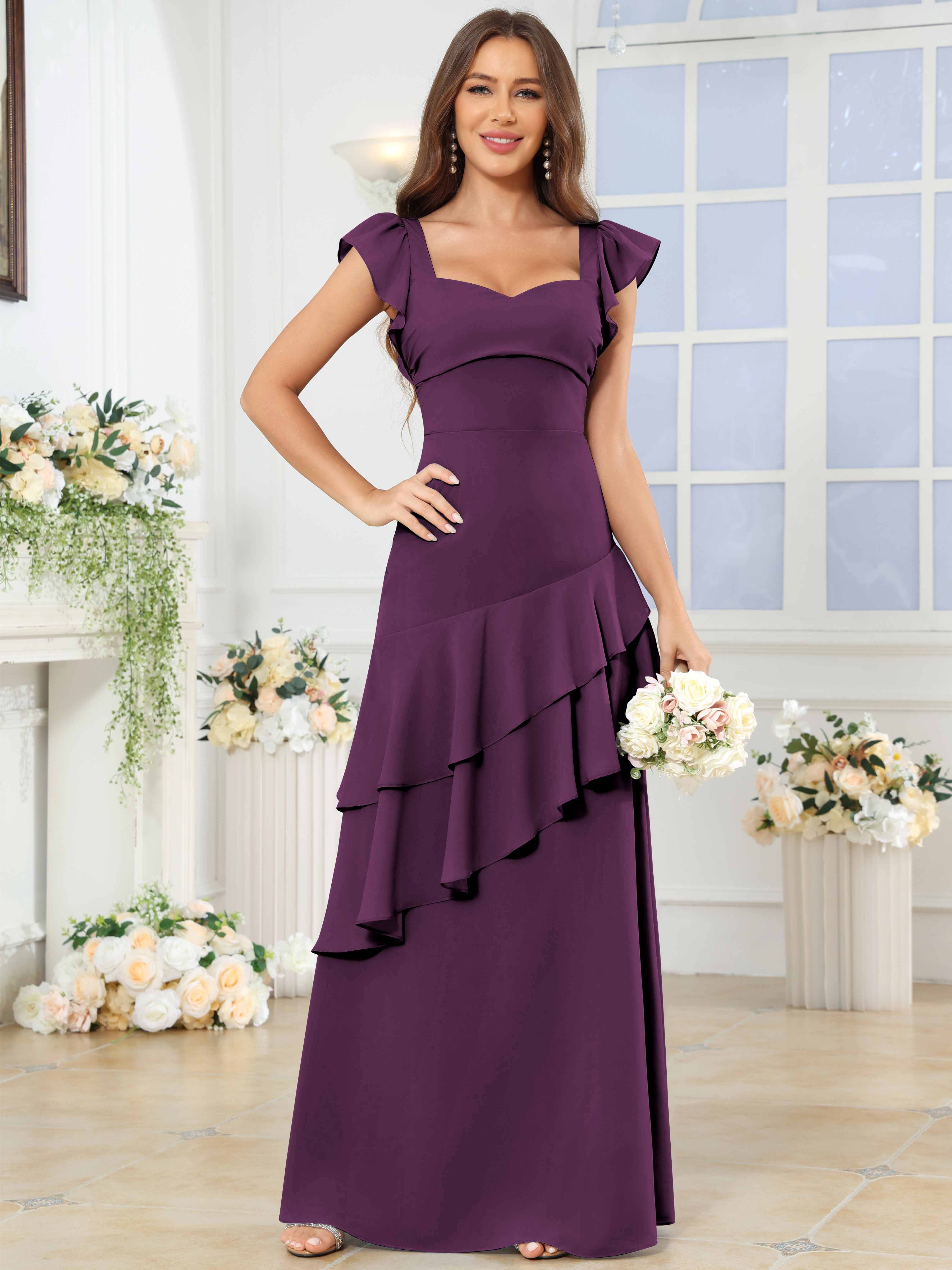 ROVDESY Sweetheart Tiered Ruffle Chiffon Bridesmaid Dress With Short Sleeves