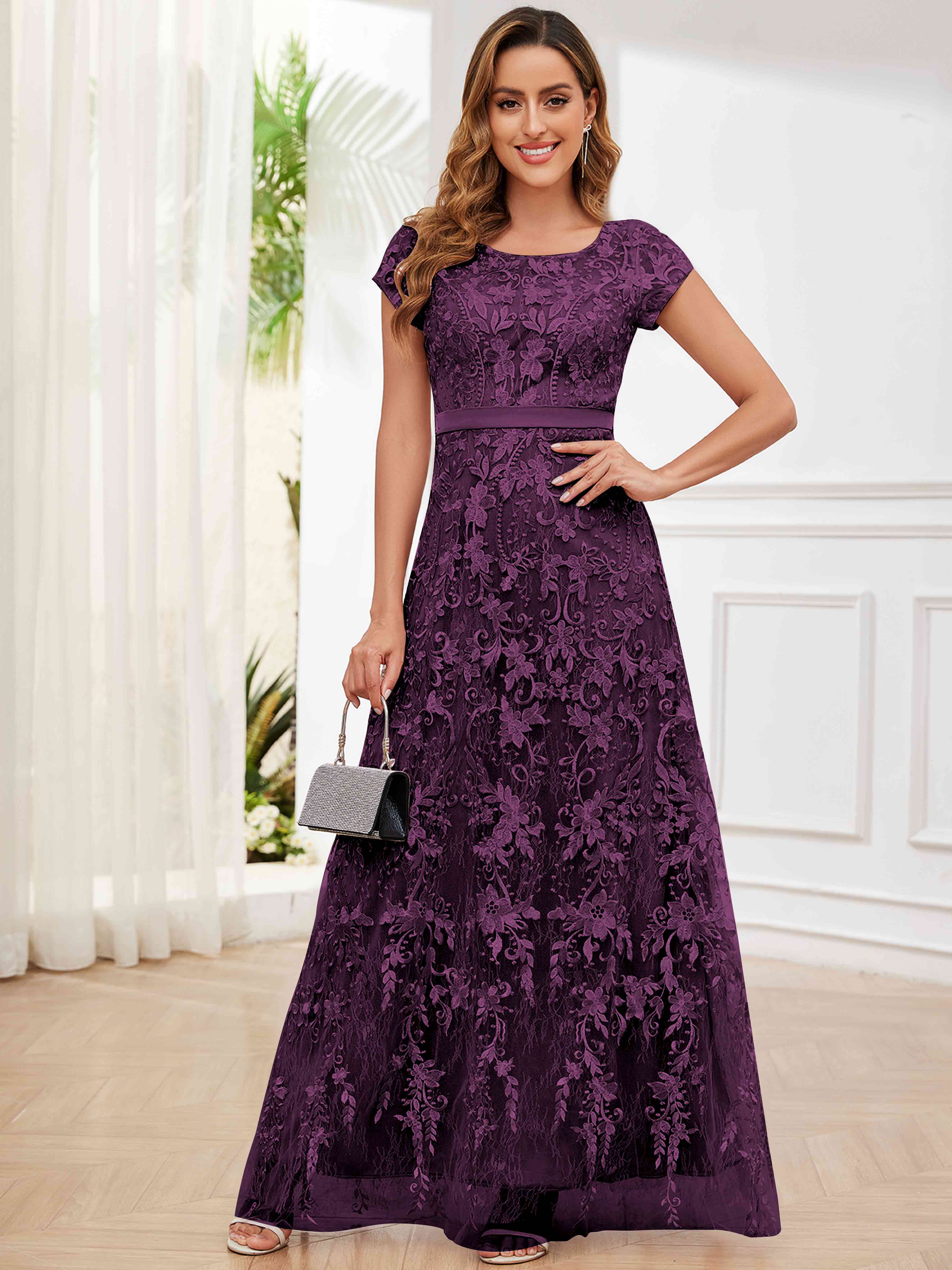 ROVDESY Elegant Lace Mother Of The Bride Dress With Short Sleeves Formal Gown