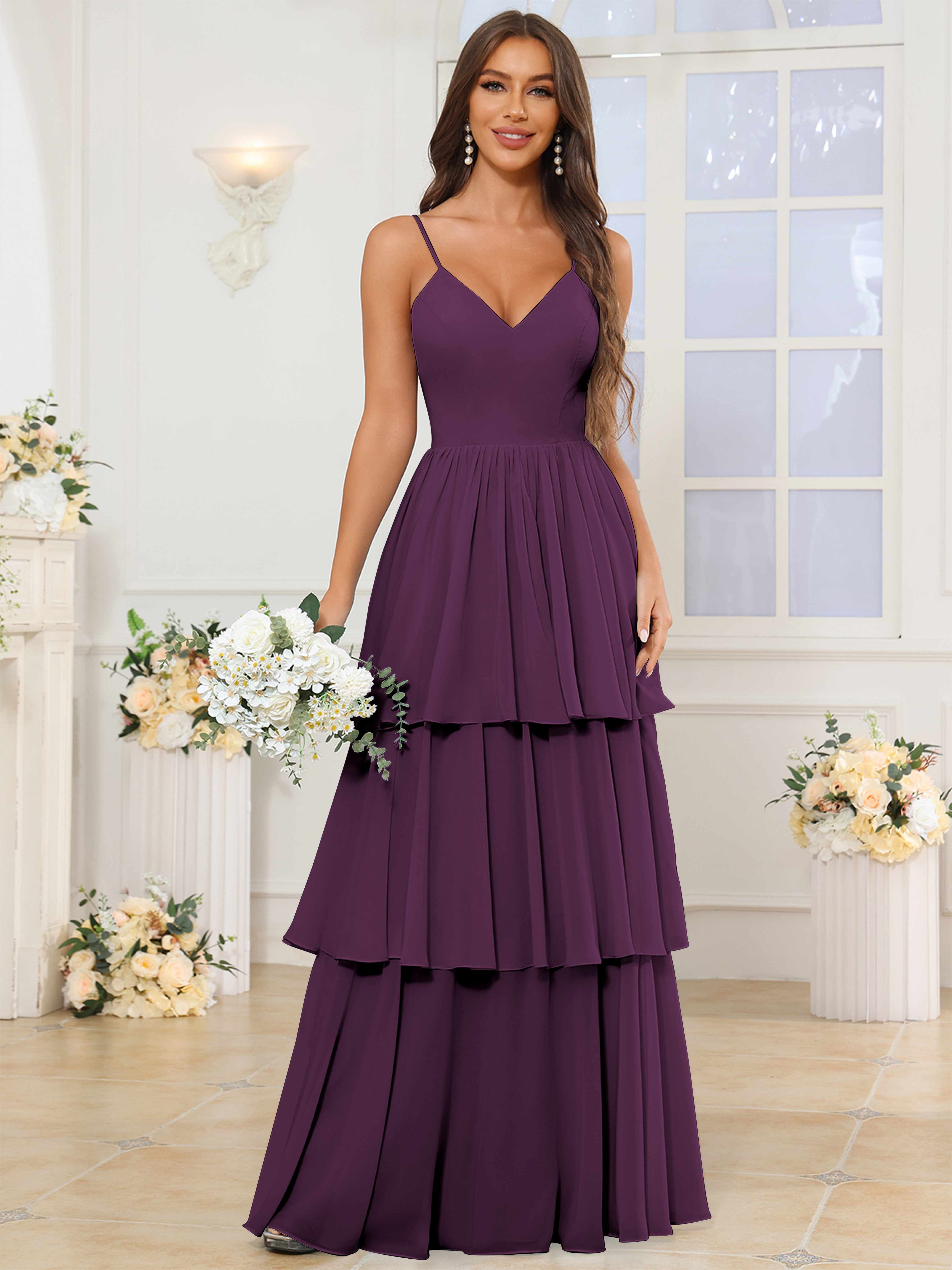 ROVDESY V-Neck Spaghetti Straps Tiered Chiffon Bridesmaid Dress With Ruffles