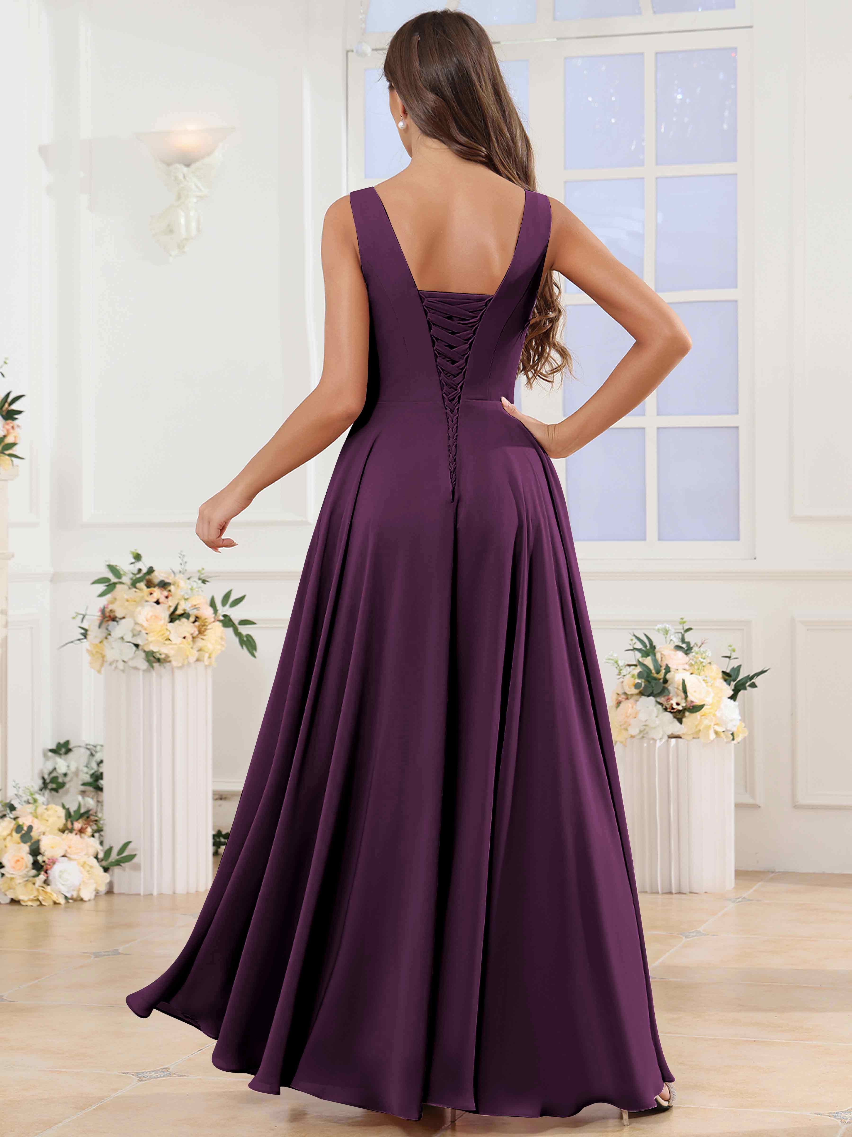 ROVDESY V-Neck Pleated Sleeveless Ruffle Chiffon Bridesmaid Dress With Slit