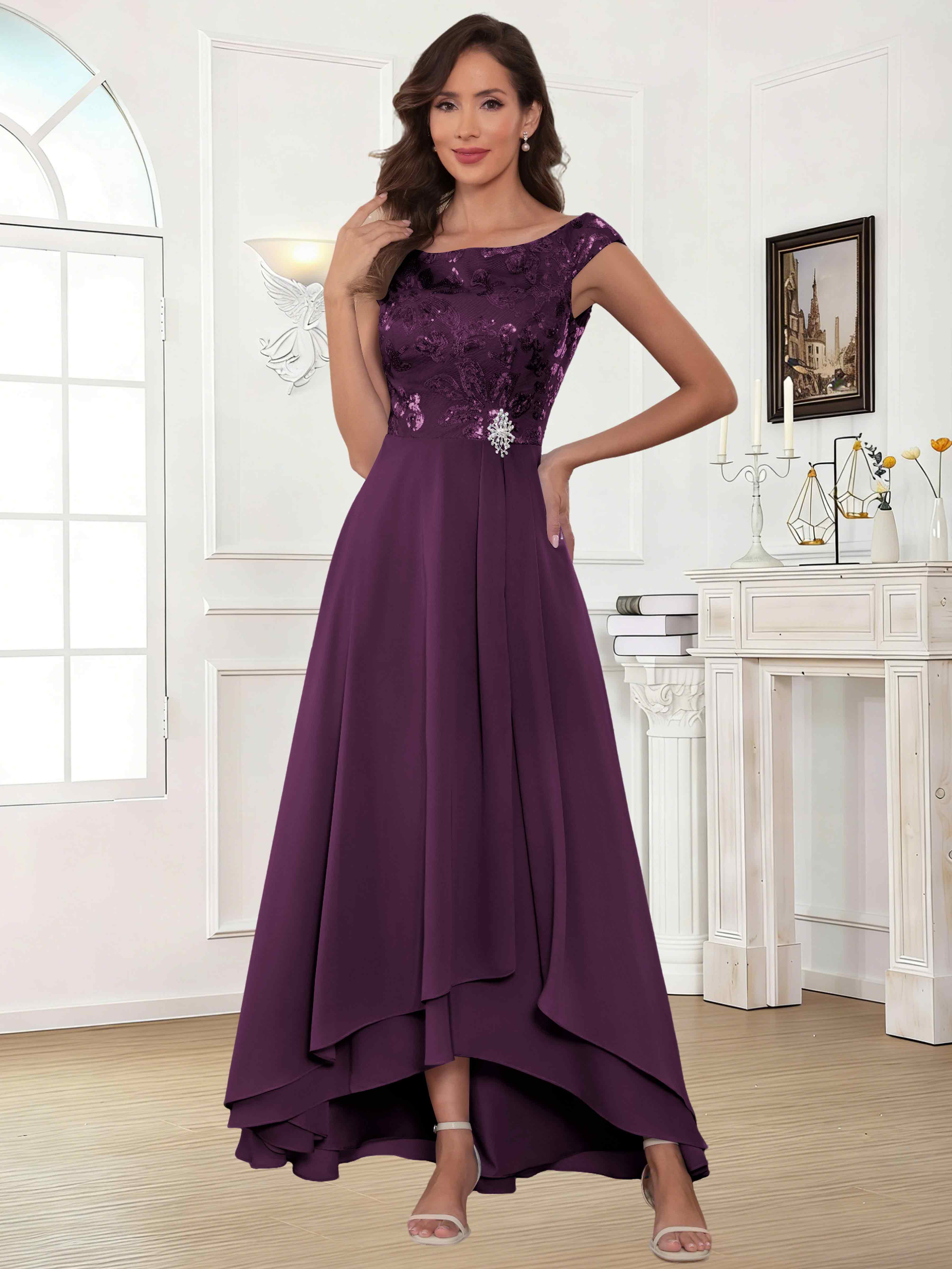 ROVDESY Tea Length Off-The-Shoulder Sequin Chiffon Mother Of The Bride Dress