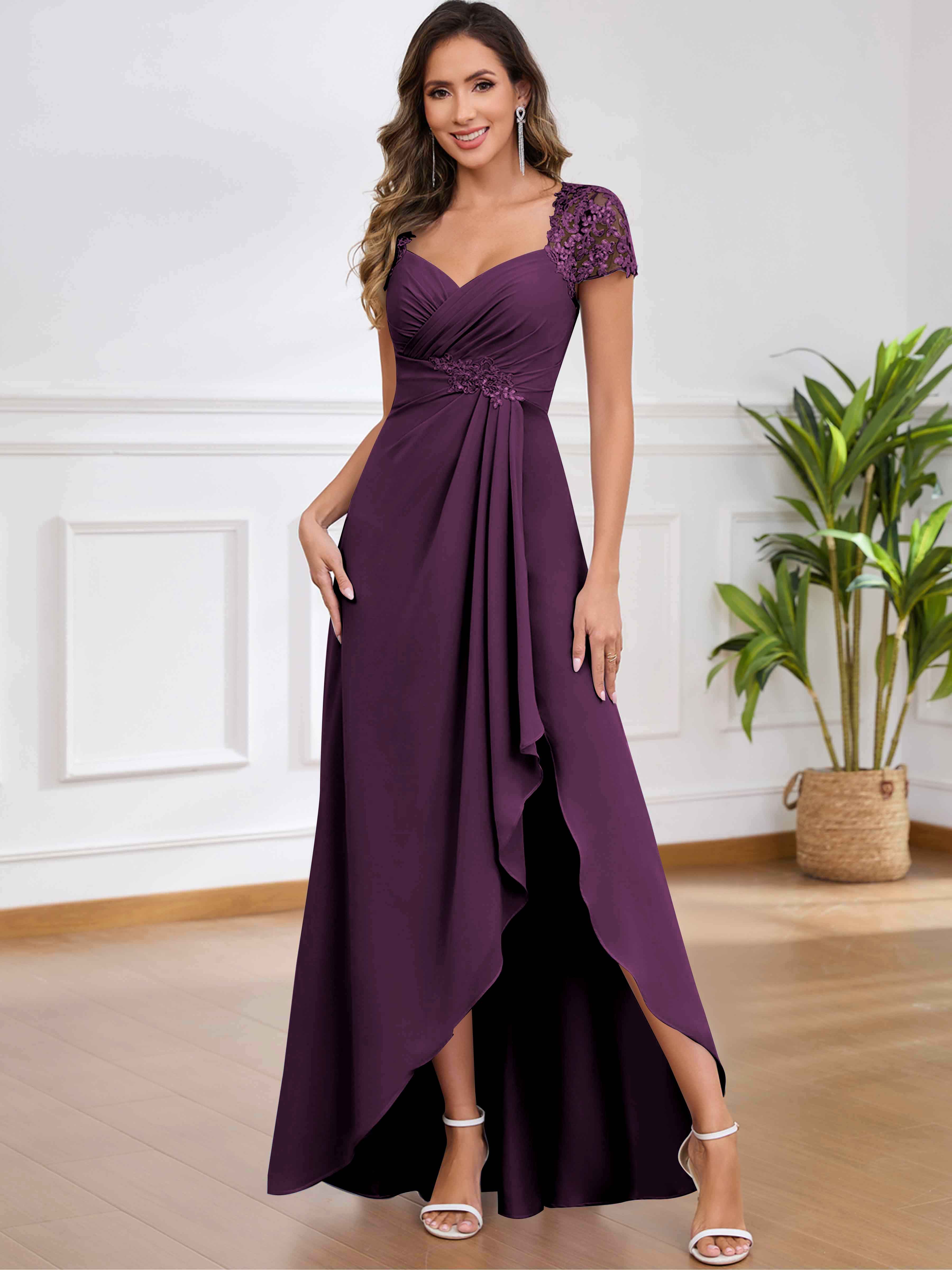 ROVDESY A-Line Pleated Lace Sequin Ruffle Chiffon Mother Of The Bride Dress With Slit