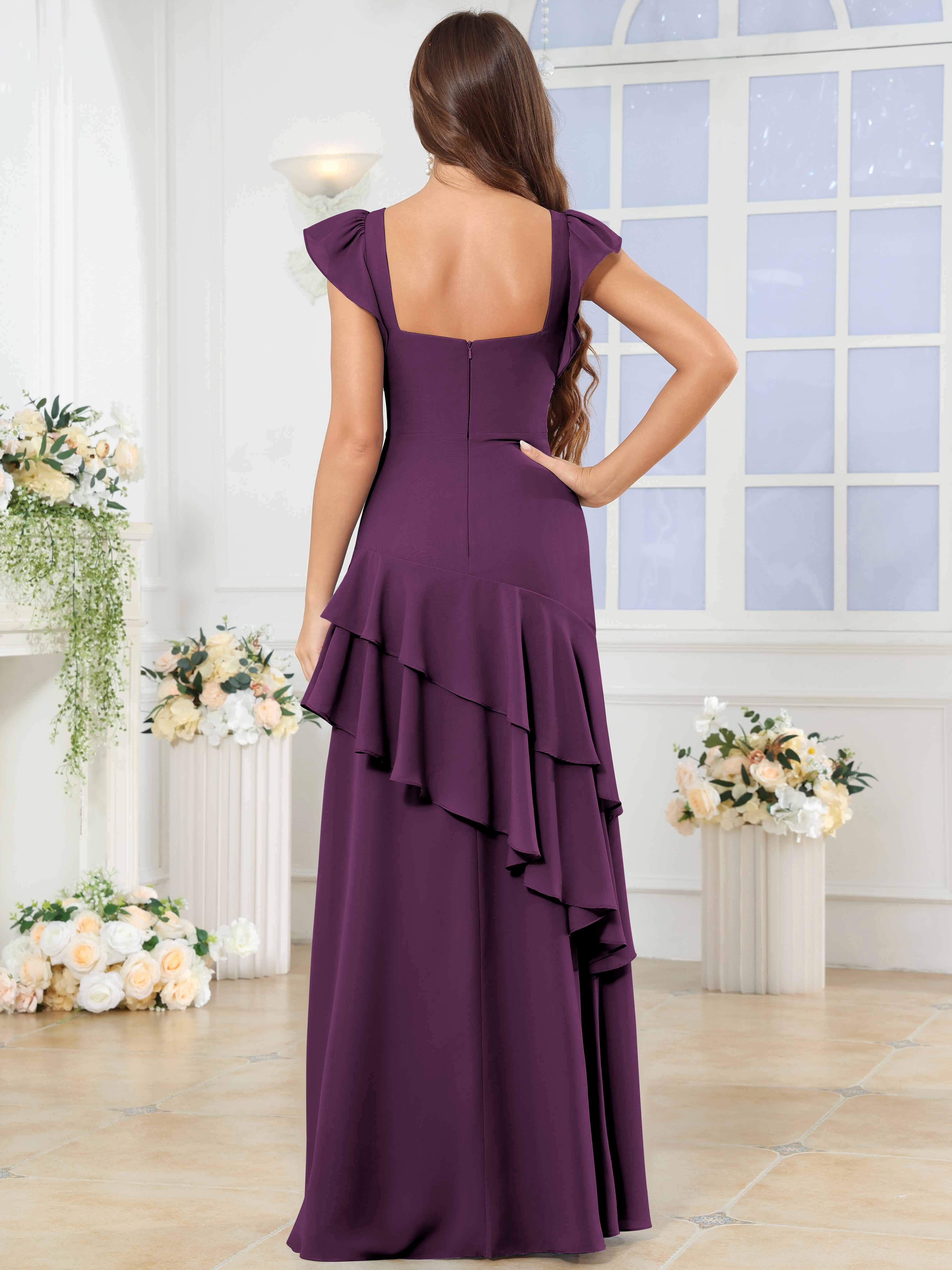 ROVDESY Sweetheart Tiered Ruffle Chiffon Bridesmaid Dress With Short Sleeves