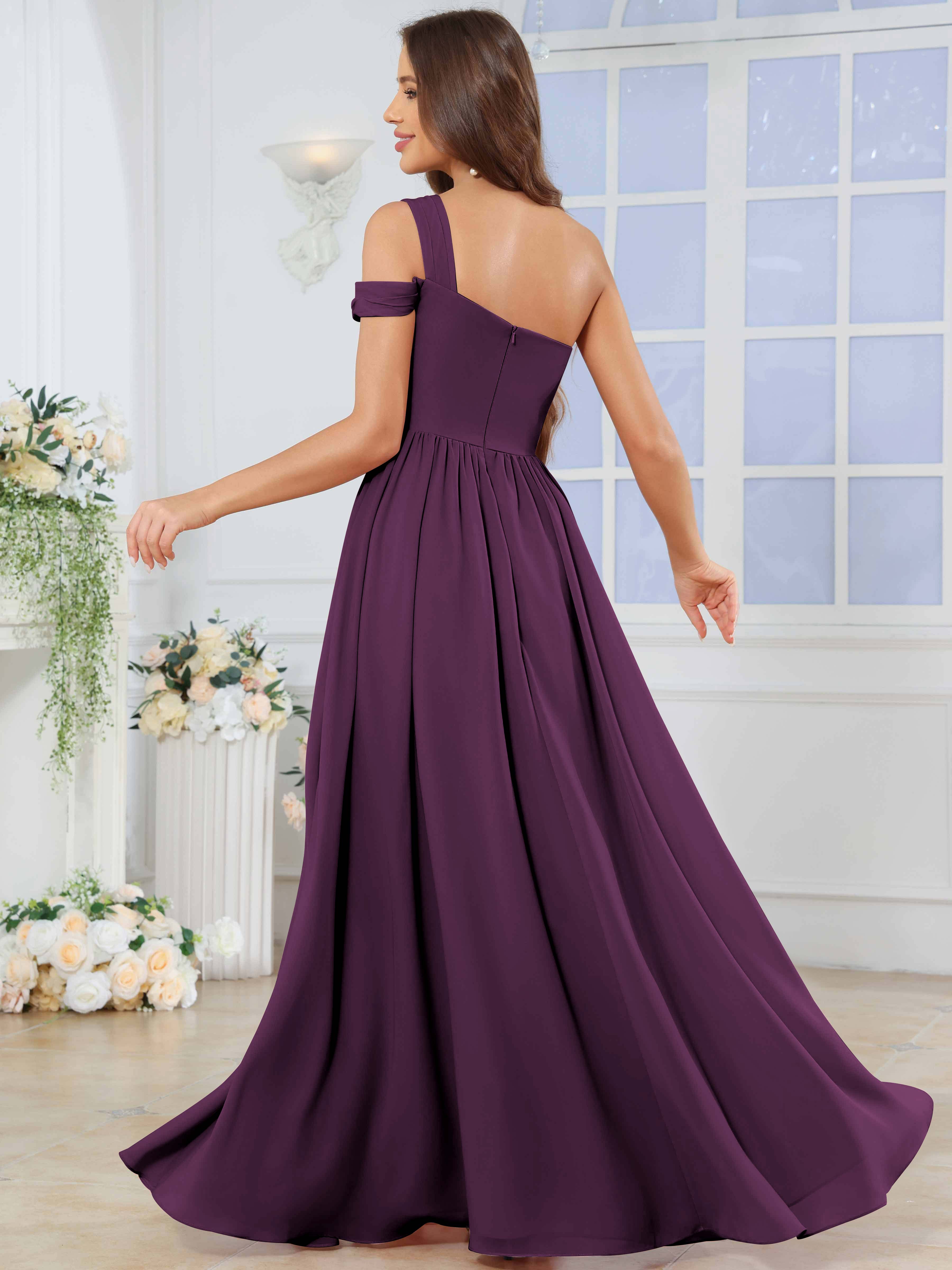 ROVDESY One Shoulder Pleated Chiffon Bridesmaid Dress With Slit