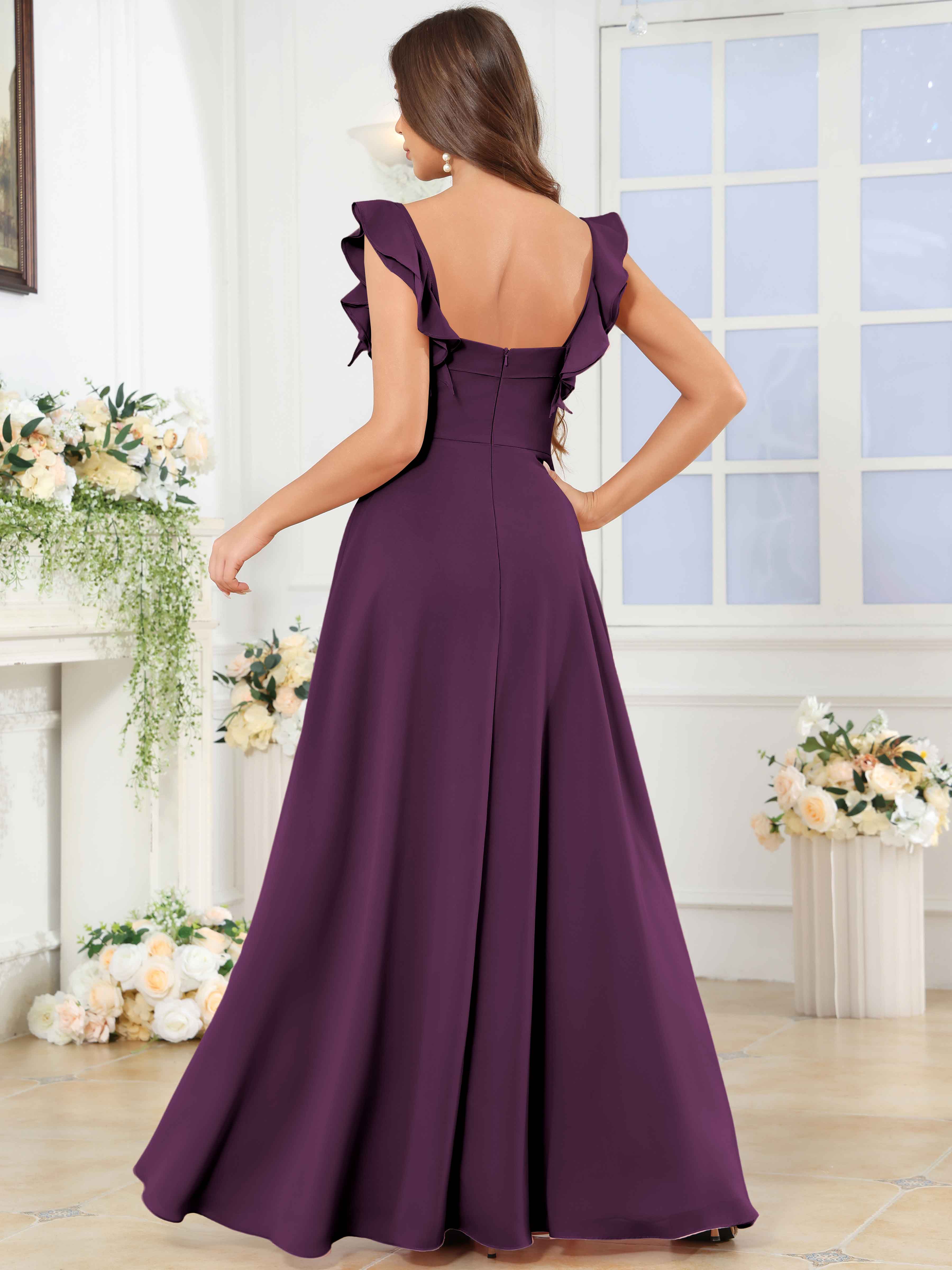 ROVDESY Square Neck Ruffle Chffion Bridesmaid Dress With Slit