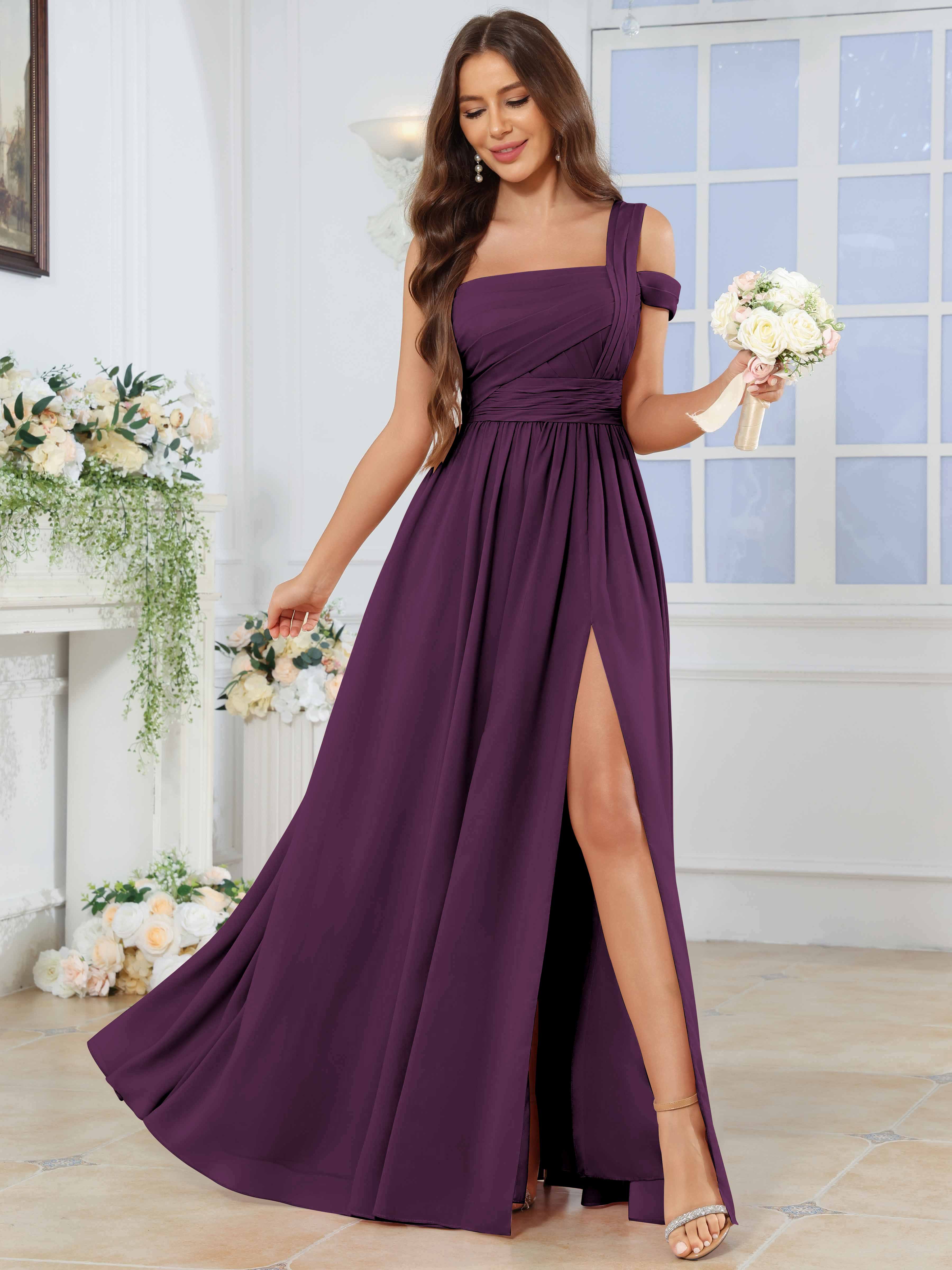 ROVDESY One Shoulder Pleated Chiffon Bridesmaid Dress With Slit
