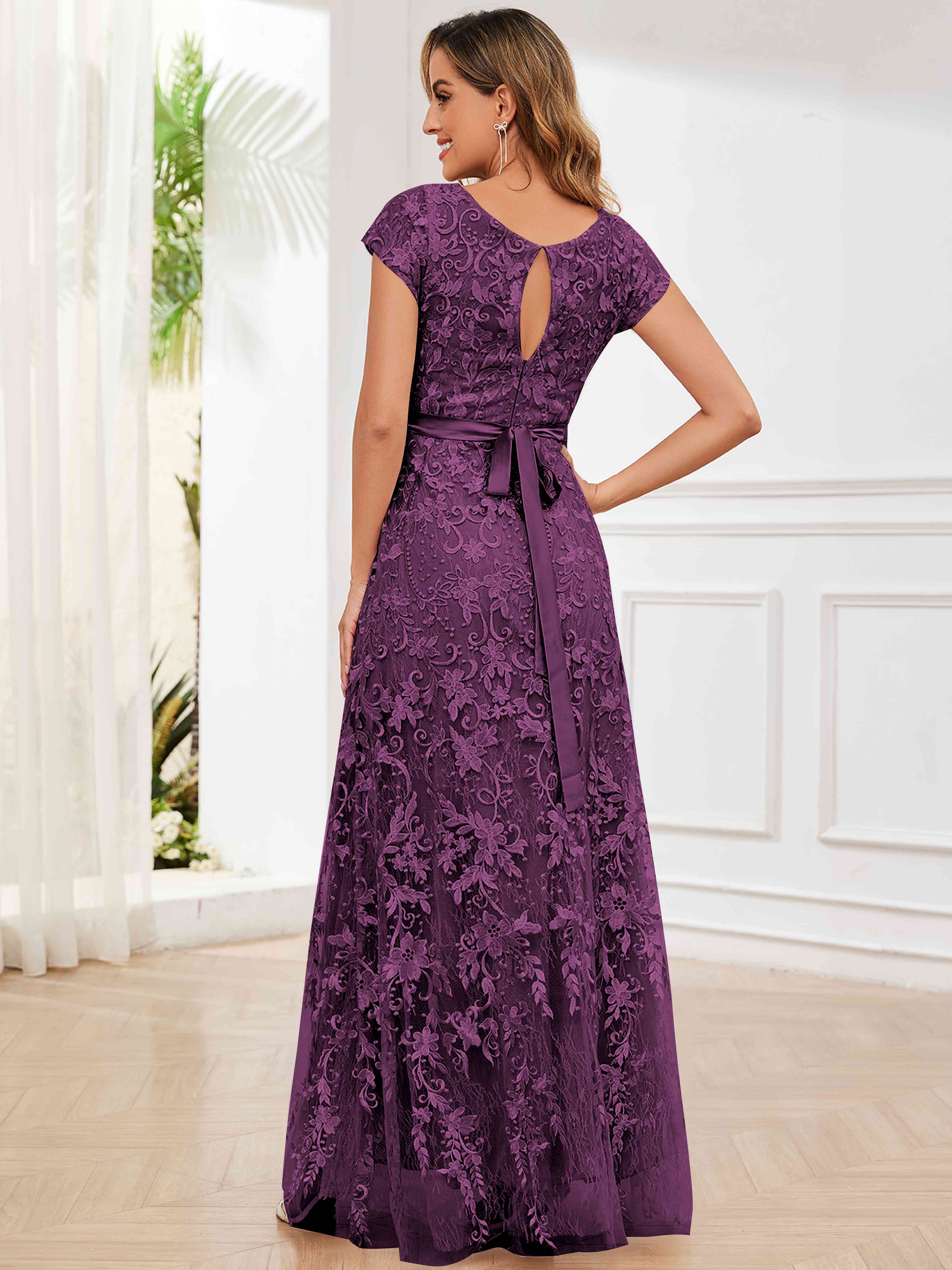 ROVDESY Elegant Lace Mother Of The Bride Dress With Short Sleeves Formal Gown