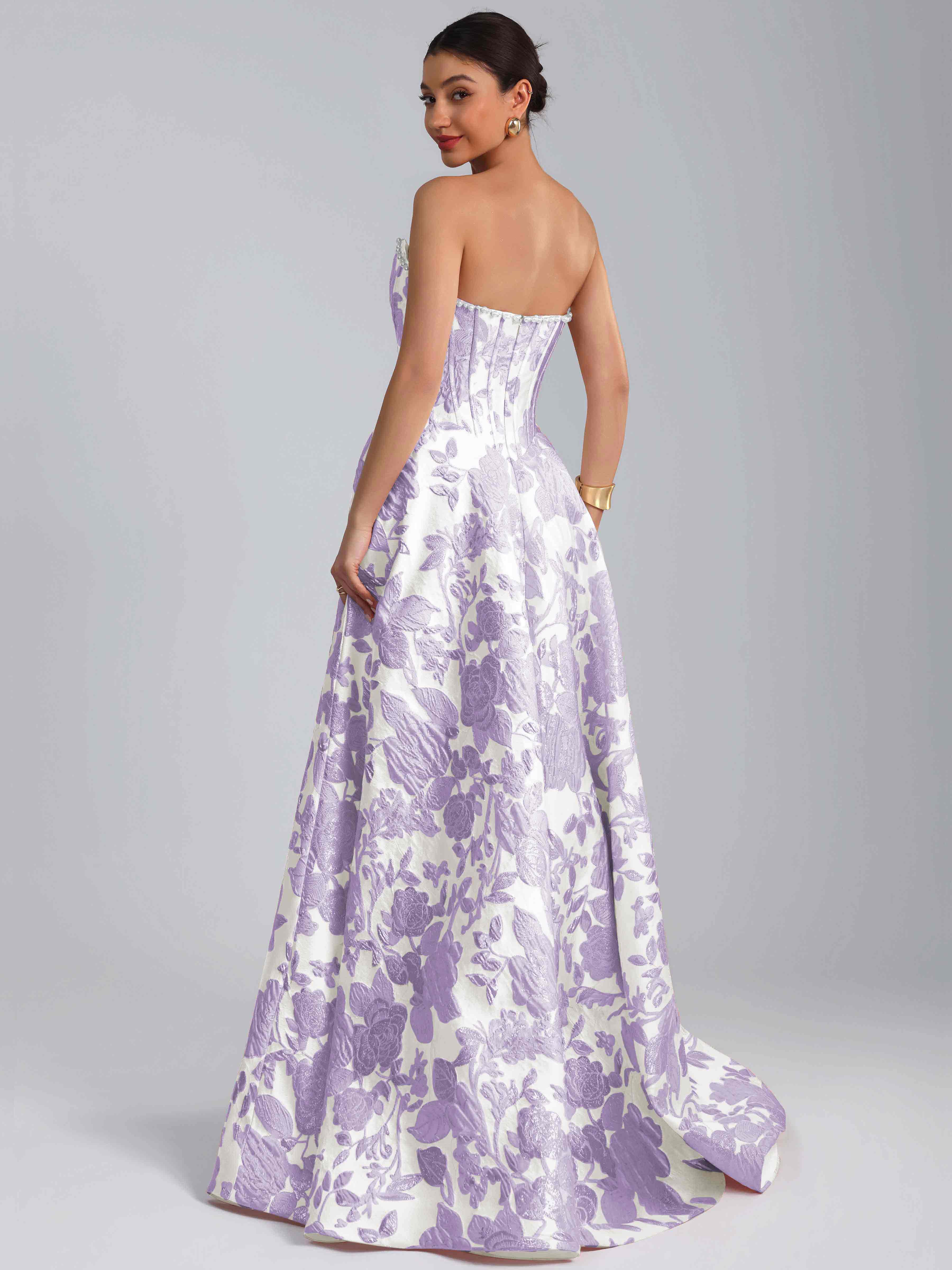 ROVDESY A-Line Strapless Jacquard Satin Prom Dress Long Ball Gown