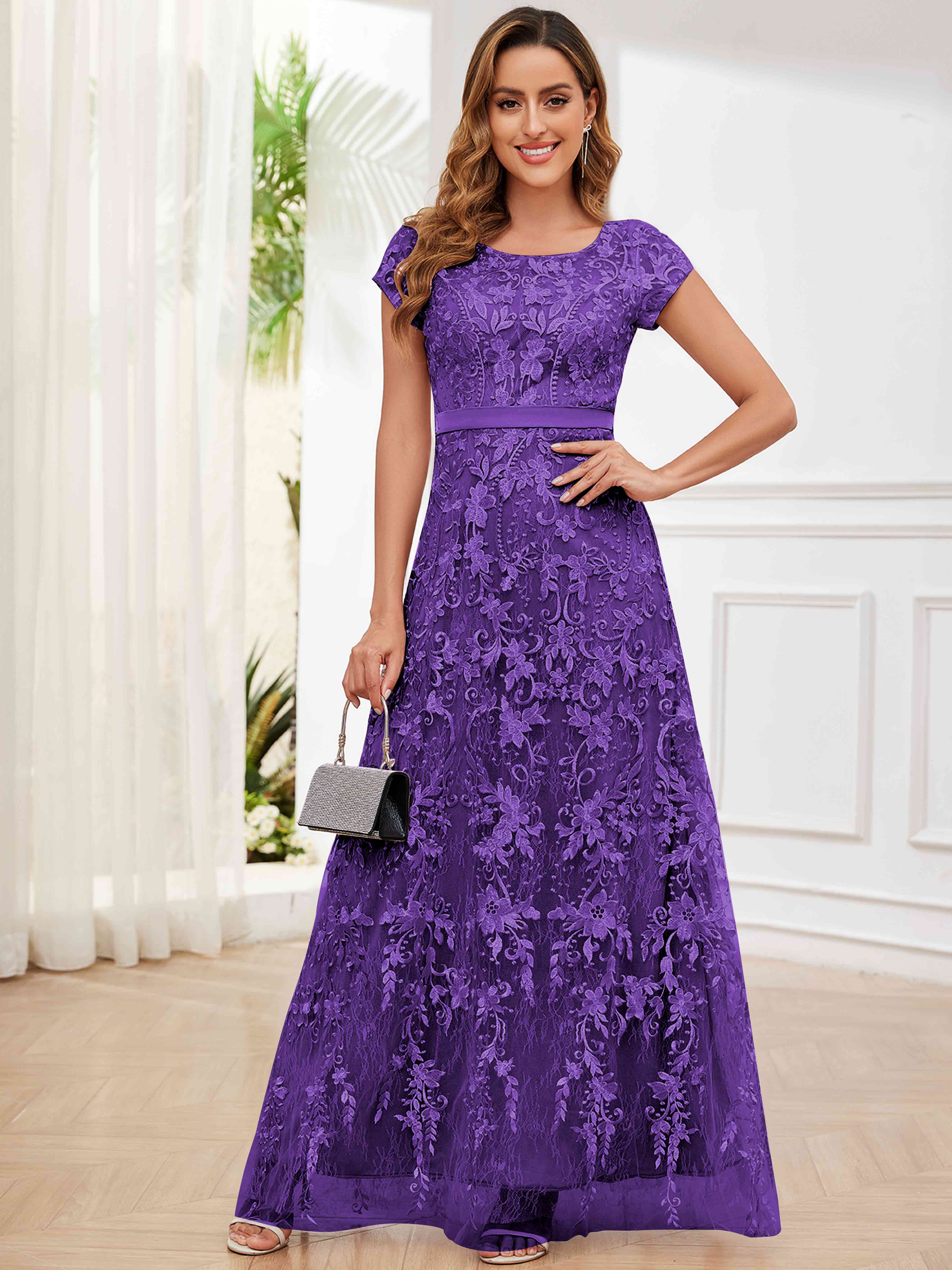 ROVDESY Elegant Lace Mother Of The Bride Dress With Short Sleeves Formal Gown